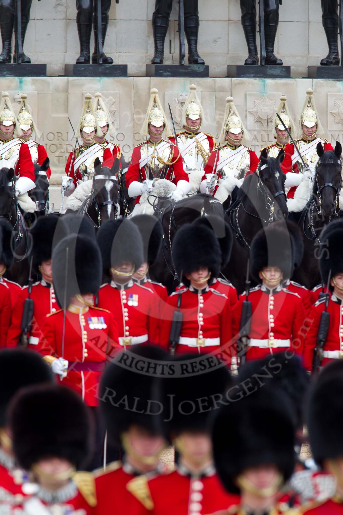 The Major General's Review 2011: No. 3 Guard, F Company Scots Guards. Behind them, The Life Guards of the Household Cavalry in front of the Guards Memorial..
Horse Guards Parade, Westminster,
London SW1,
Greater London,
United Kingdom,
on 28 May 2011 at 11:51, image #233