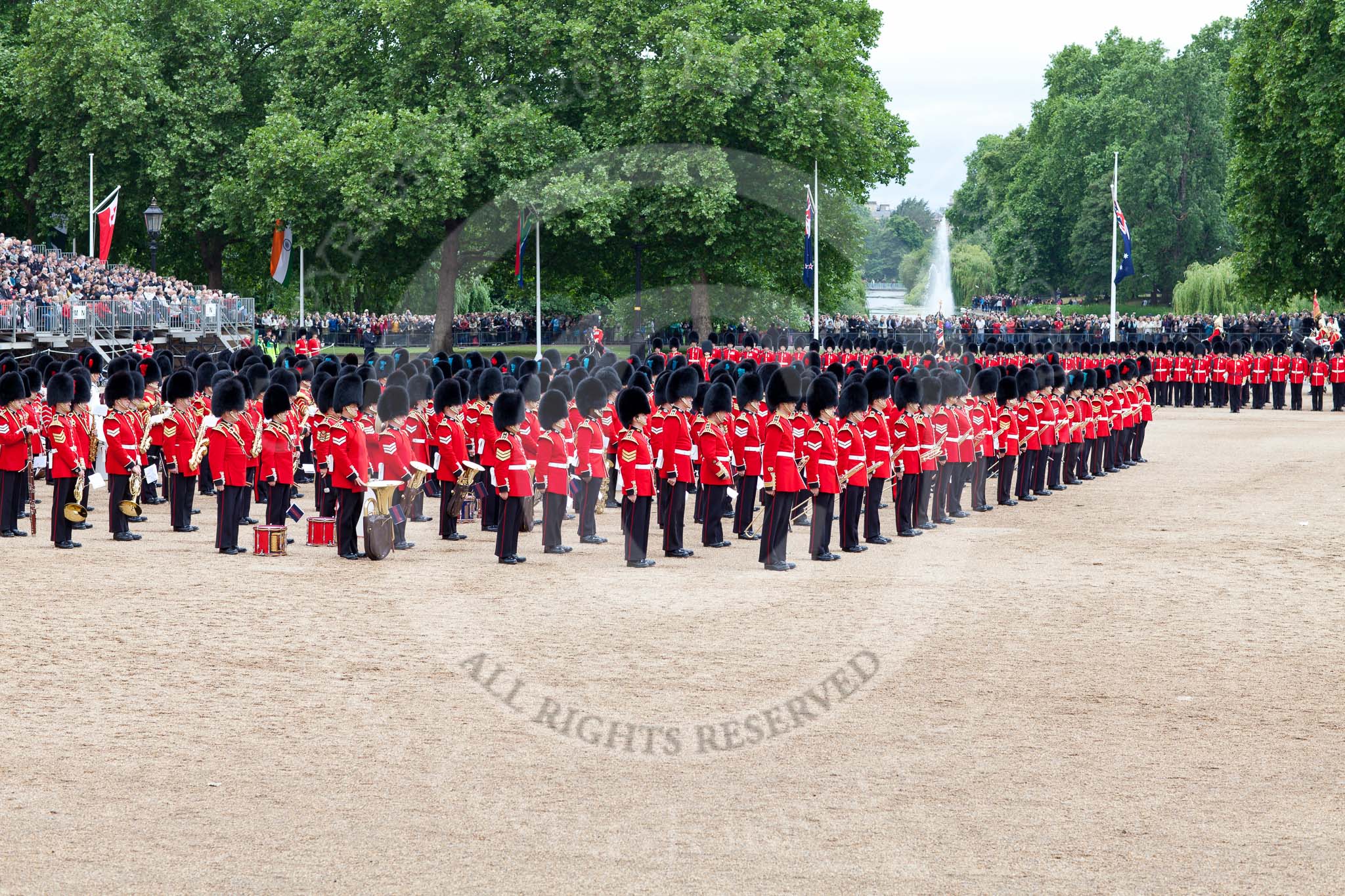 The Major General's Review 2011: The Massed Bands. Behind them, No. 1 and No. 2 Guard, in the background spectators watching from St. James's Park..
Horse Guards Parade, Westminster,
London SW1,
Greater London,
United Kingdom,
on 28 May 2011 at 11:53, image #235