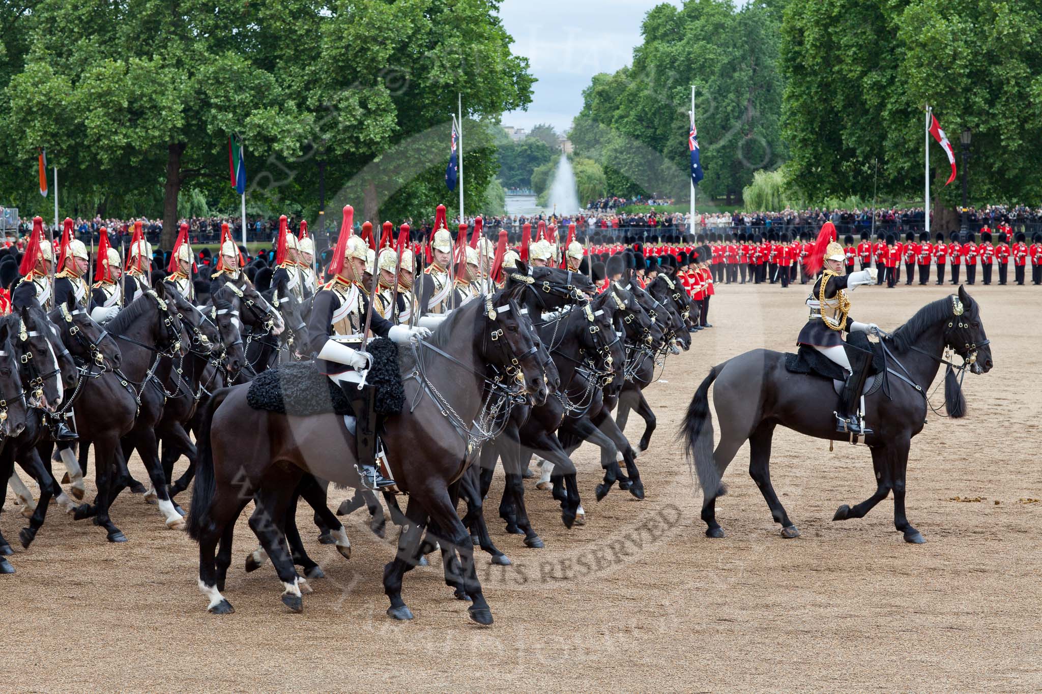 The Major General's Review 2011: The Blues and Royals during the Ride Past. In the background St. James's Park..
Horse Guards Parade, Westminster,
London SW1,
Greater London,
United Kingdom,
on 28 May 2011 at 11:55, image #245