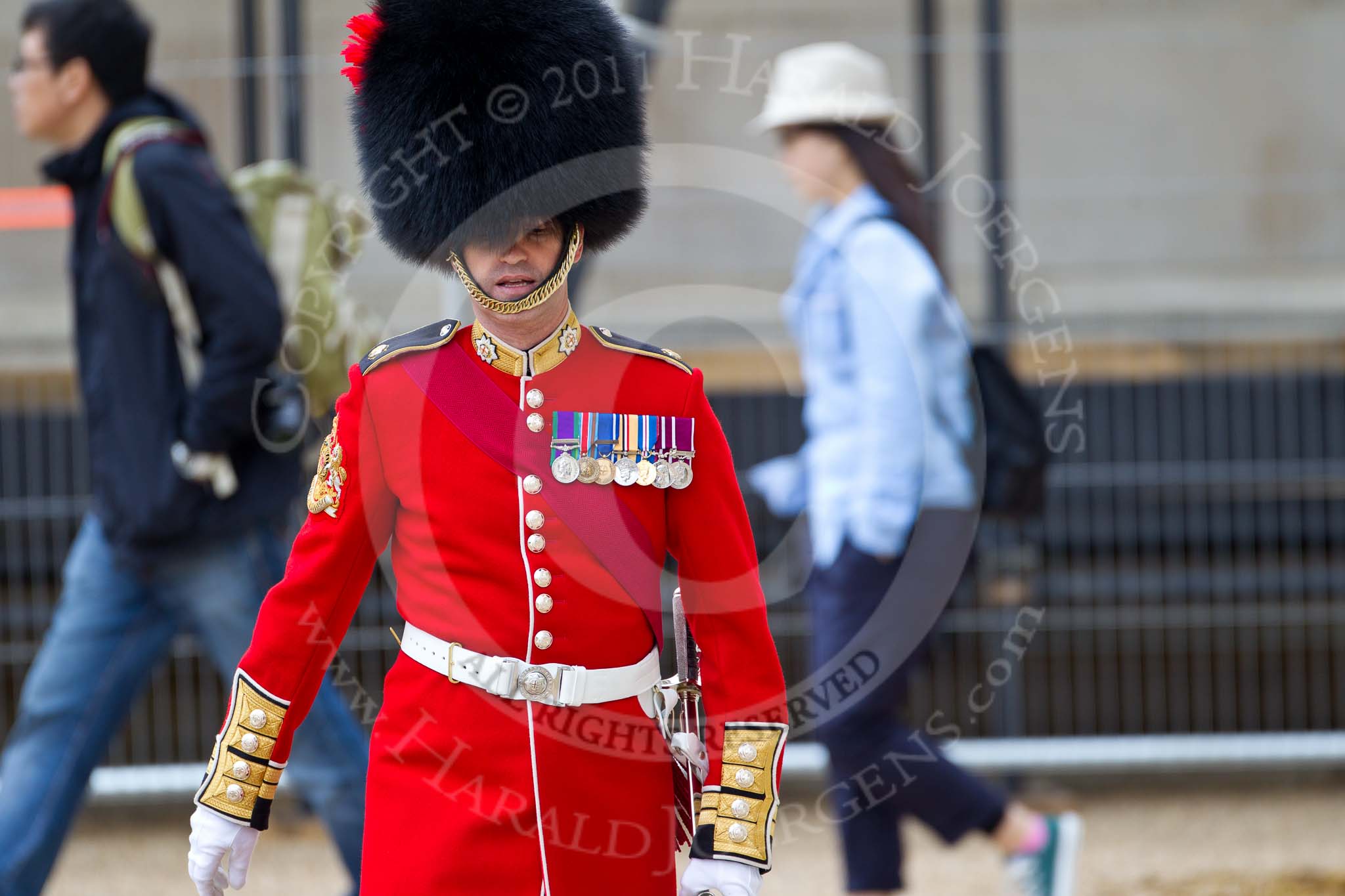 The Major General's Review 2011: After the rehearsal. The Superintending Clerk at HQ Household Division, WO1 David Lochrie, one of the principal staff at HQ who helps running State Ceremonial events..
Horse Guards Parade, Westminster,
London SW1,
Greater London,
United Kingdom,
on 28 May 2011 at 12:31, image #307