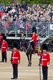 The Major General's Review 2011: On the right Colour Sergeant Chris Millin, holding the Colour. To his right a sentry, behind them, on horseback, the Adjutant of the Parade, Captain Hamish Barne, 1st Battalion Scots Guards..
Horse Guards Parade, Westminster,
London SW1,
Greater London,
United Kingdom,
on 28 May 2011 at 10:44, image #78