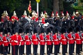 The Major General's Review 2011: The Mounted Bands of the Household Cavalry, riding in front of them the Trumpeter, the Standard Bearer, and the Standard Holder..
Horse Guards Parade, Westminster,
London SW1,
Greater London,
United Kingdom,
on 28 May 2011 at 10:59, image #102