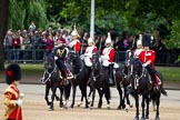 The Major General's Review 2011: Brigade Major Household Division, Lieutenant Colonel A P Speed, leading the Royal Procession, followed by four Troopers of The Life Guards, during the Inspection of the Line. On the right the Major of the Parade..
Horse Guards Parade, Westminster,
London SW1,
Greater London,
United Kingdom,
on 28 May 2011 at 11:05, image #125