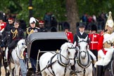 The Major General's Review 2011: The 'Royal Party' during the first rehearsal. Behind the carriage representing the ivory mounted phateon, driven by head coachman Jack Hargreaves, the Major General of this review, Major General Cubitt, followed by four officers riding in place of the Royal Colonels..
Horse Guards Parade, Westminster,
London SW1,
Greater London,
United Kingdom,
on 28 May 2011 at 11:06, image #127