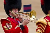 The Major General's Review 2011: Close-up of a Company Sergeant Major of the Coldstream Guards playing the trombone..
Horse Guards Parade, Westminster,
London SW1,
Greater London,
United Kingdom,
on 28 May 2011 at 11:40, image #218