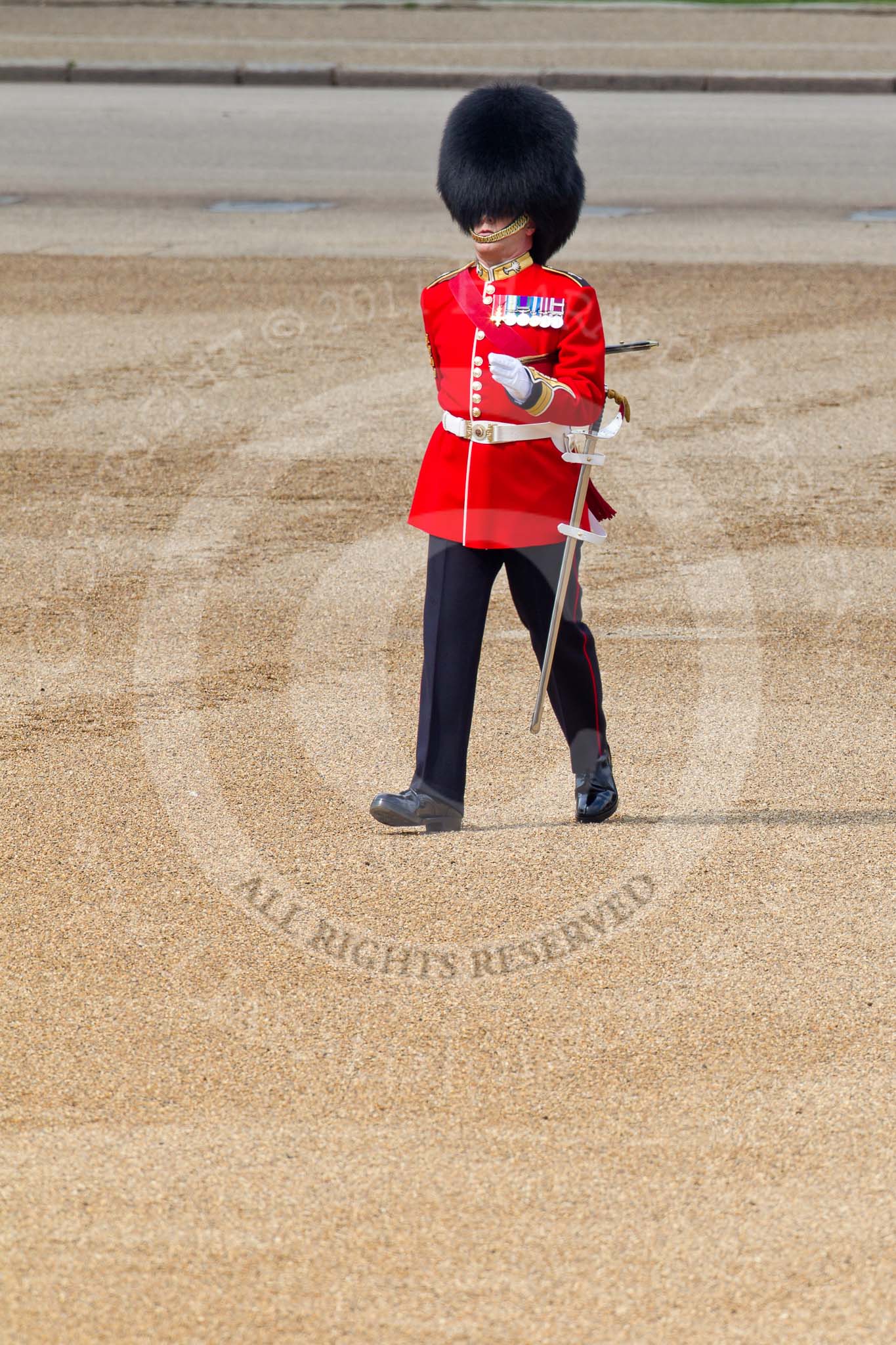Trooping the Colour 2011: Garrison Sergeant Major W D G Mott, Welsh Guards. Warrant Officer Class 1 'Billy' Mott inspecting the parade ground..
Horse Guards Parade, Westminster,
London SW1,
Greater London,
United Kingdom,
on 11 June 2011 at 10:20, image #24
