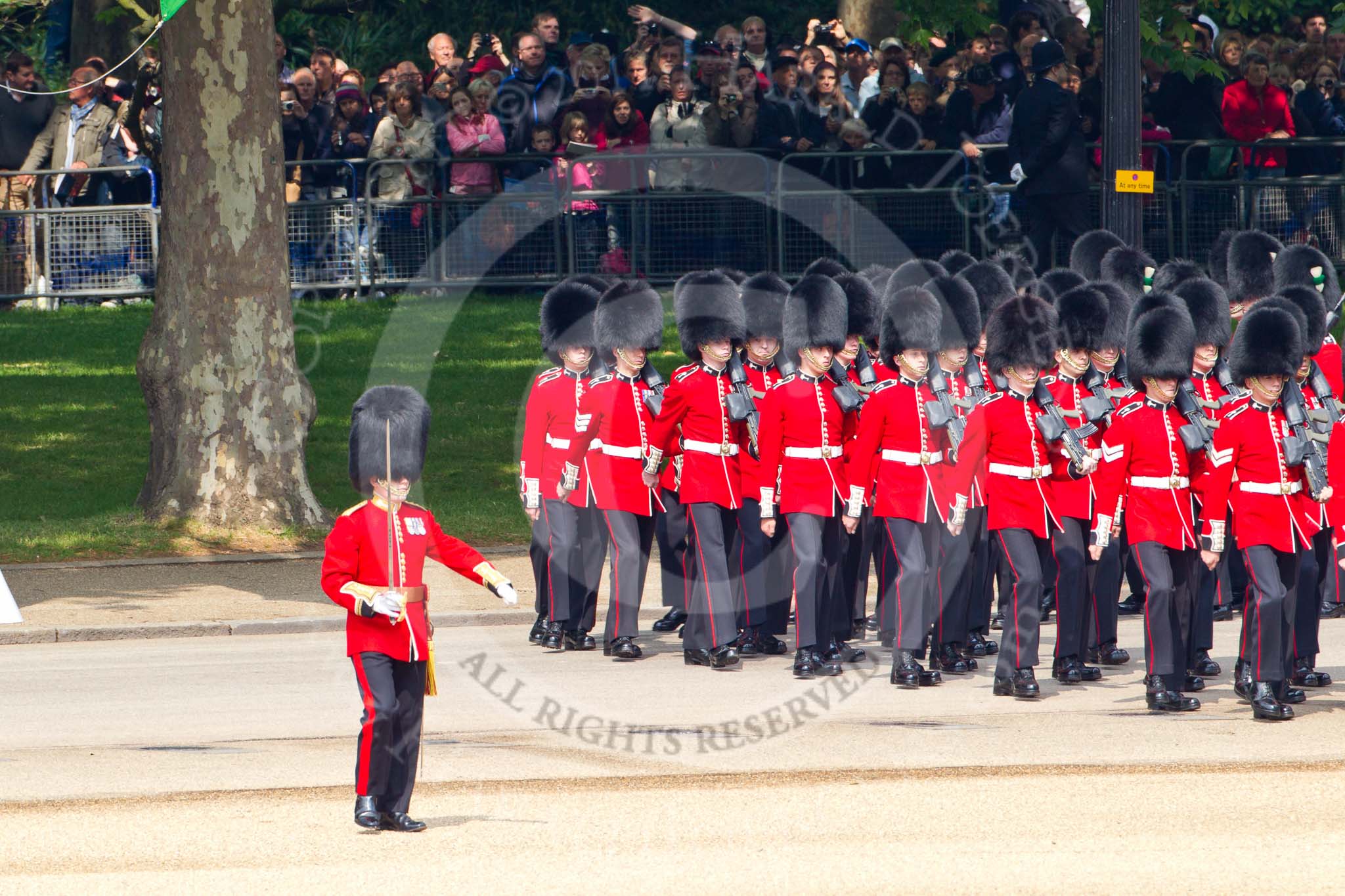 Trooping the Colour 2011: No. 5 Guard, 1st Battalion Welsh Guards, marching onto Horse Guards Parade..
Horse Guards Parade, Westminster,
London SW1,
Greater London,
United Kingdom,
on 11 June 2011 at 10:26, image #32