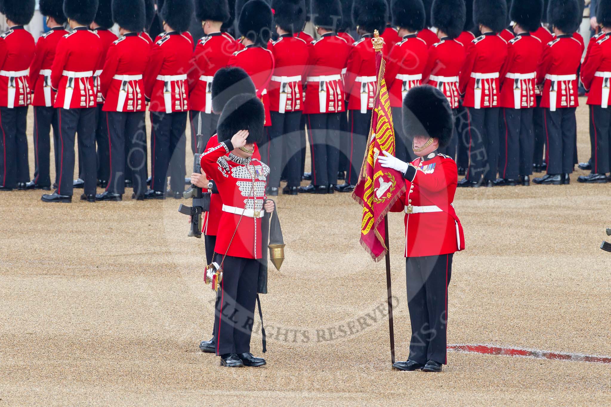 Trooping the Colour 2011: The Duty Drummer saluting the Colour, now that it is uncased and upright. Holding the flag is the Sergeant of the Ecort to the Colour, Colour Sergeant Chris Millin..
Horse Guards Parade, Westminster,
London SW1,
Greater London,
United Kingdom,
on 11 June 2011 at 10:33, image #56