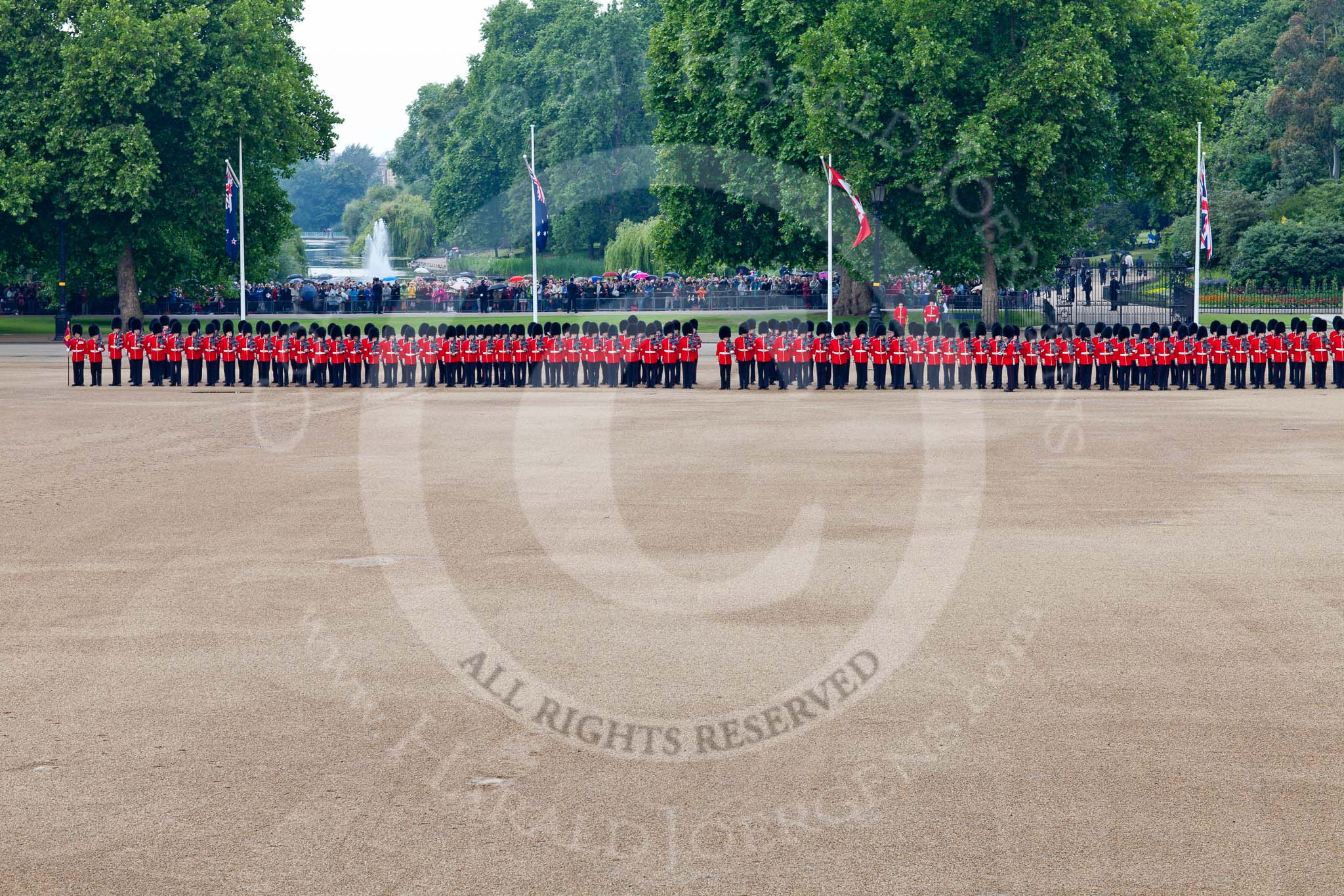 Trooping the Colour 2011: Horse Guards Parade at 'Trooping the Colour' 2011, with St. James's Park, with lake and water feature, in the background. 
From the left - No.1 Guard (Escort for the Colour), 1st Battalion Scots Guards,  followed by No. 2 Guard (B Company Scots Guards).
Horse Guards Parade, Westminster,
London SW1,
Greater London,
United Kingdom,
on 11 June 2011 at 10:36, image #61