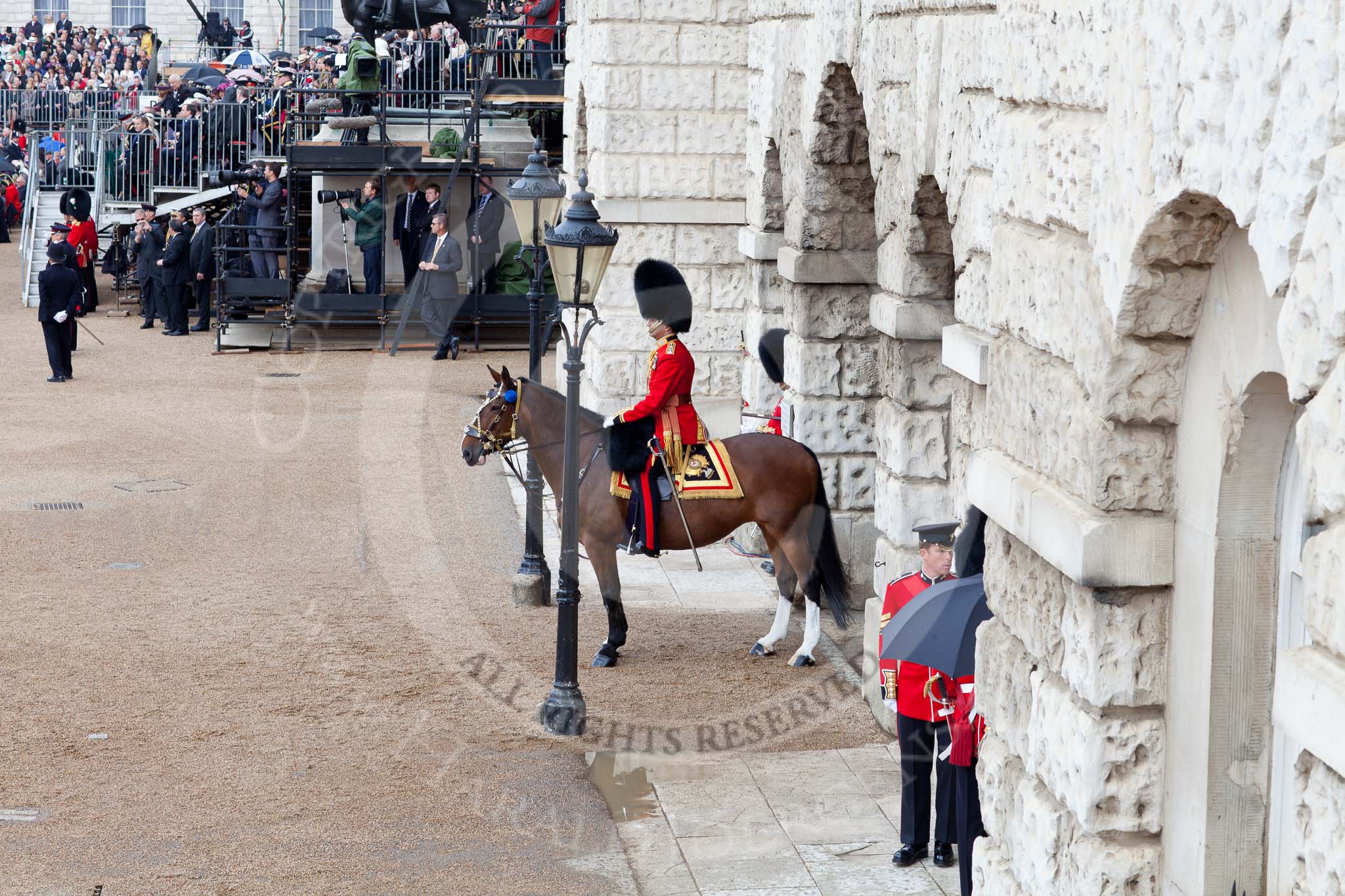 Trooping the Colour 2011: The Field Officer in Brigade Waiting, Lieutenant Colonel L P M Jopp, Scots Guards, at Horse Guards Arch, about to ride onto the parade ground..
Horse Guards Parade, Westminster,
London SW1,
Greater London,
United Kingdom,
on 11 June 2011 at 10:38, image #64
