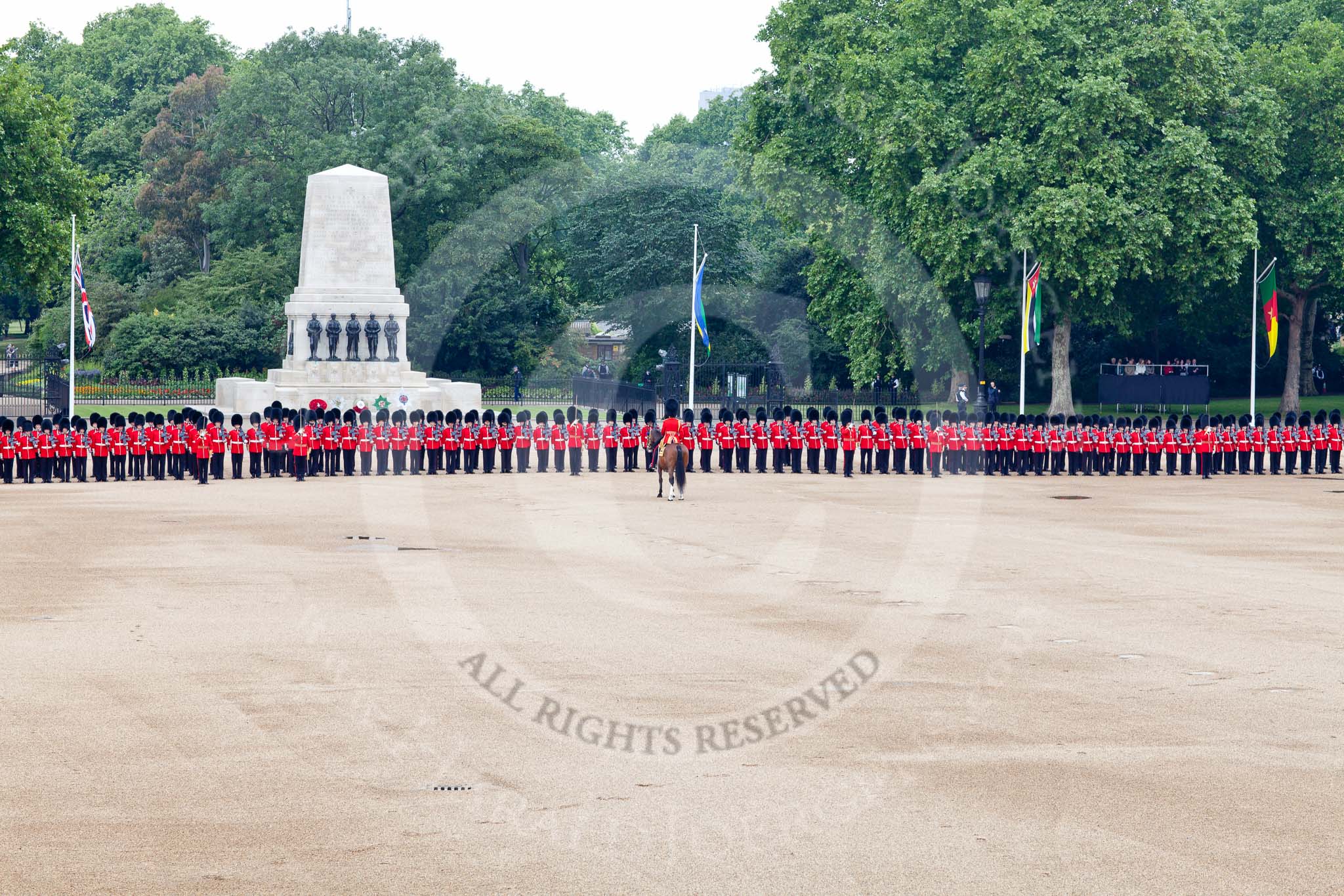 Trooping the Colour 2011: No. 2 to No. 5 Guards Divisions at the beginning of the parade, with the Guards Memorial and St. James's Park behind the guards on Horse Guards Parade..
Horse Guards Parade, Westminster,
London SW1,
Greater London,
United Kingdom,
on 11 June 2011 at 10:42, image #70