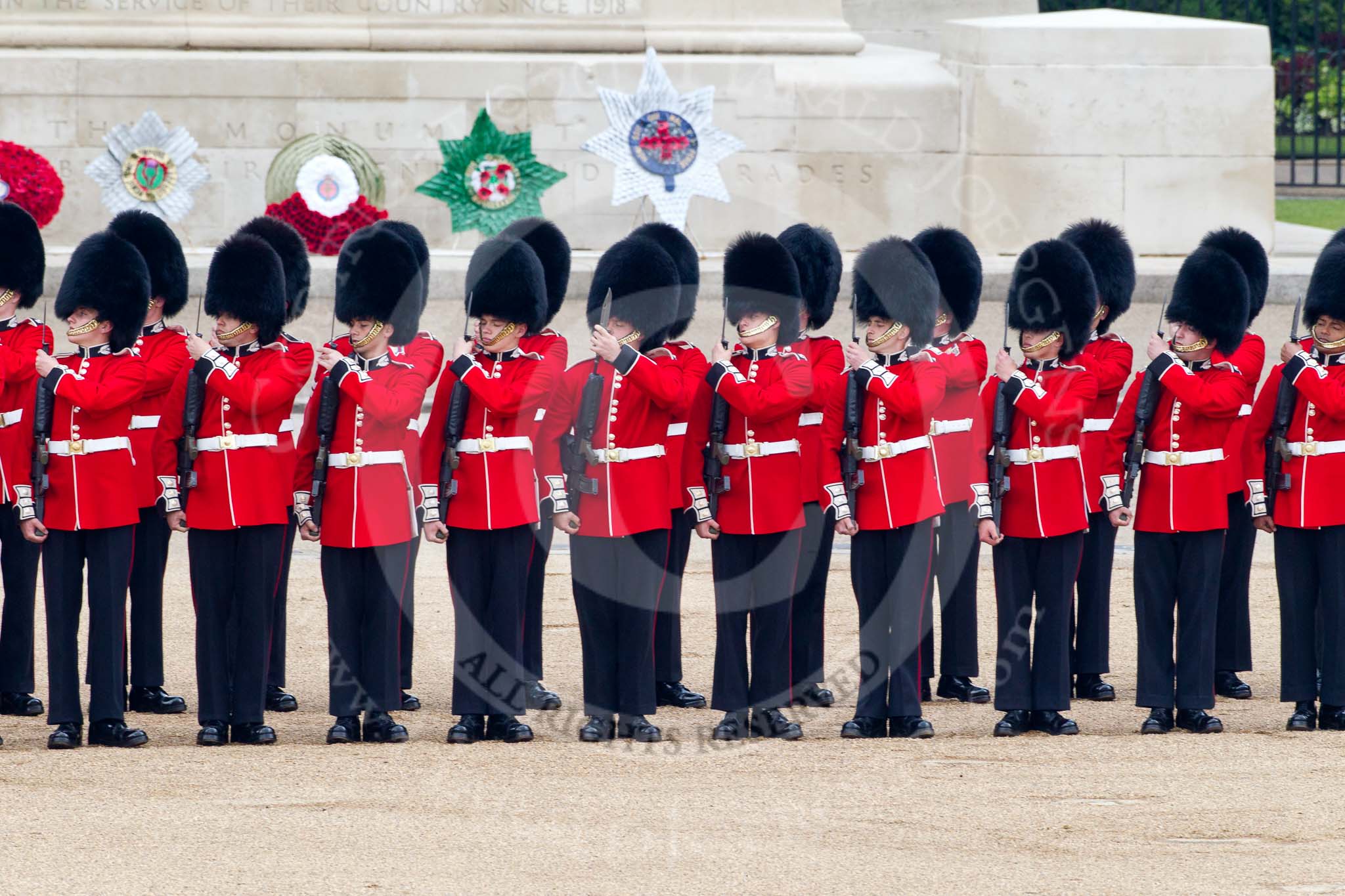 Trooping the Colour 2011: No. 3 Guard, F Company Scots Guards, in front of the Guards Memorial, mounting bayonets..
Horse Guards Parade, Westminster,
London SW1,
Greater London,
United Kingdom,
on 11 June 2011 at 10:43, image #73