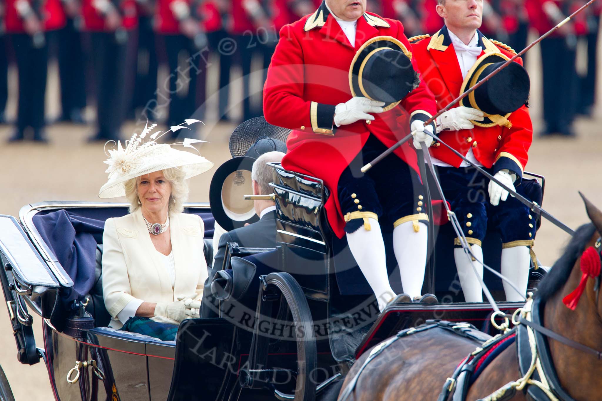 Trooping the Colour 2011: In the first barouche carriage, HRH The Duchess of Cornwall, on her right HRH The Duchess of Cambridge (only the blue hat visible), and HRH Prince Andrew, The Duke of York, opposite..
Horse Guards Parade, Westminster,
London SW1,
Greater London,
United Kingdom,
on 11 June 2011 at 10:50, image #88