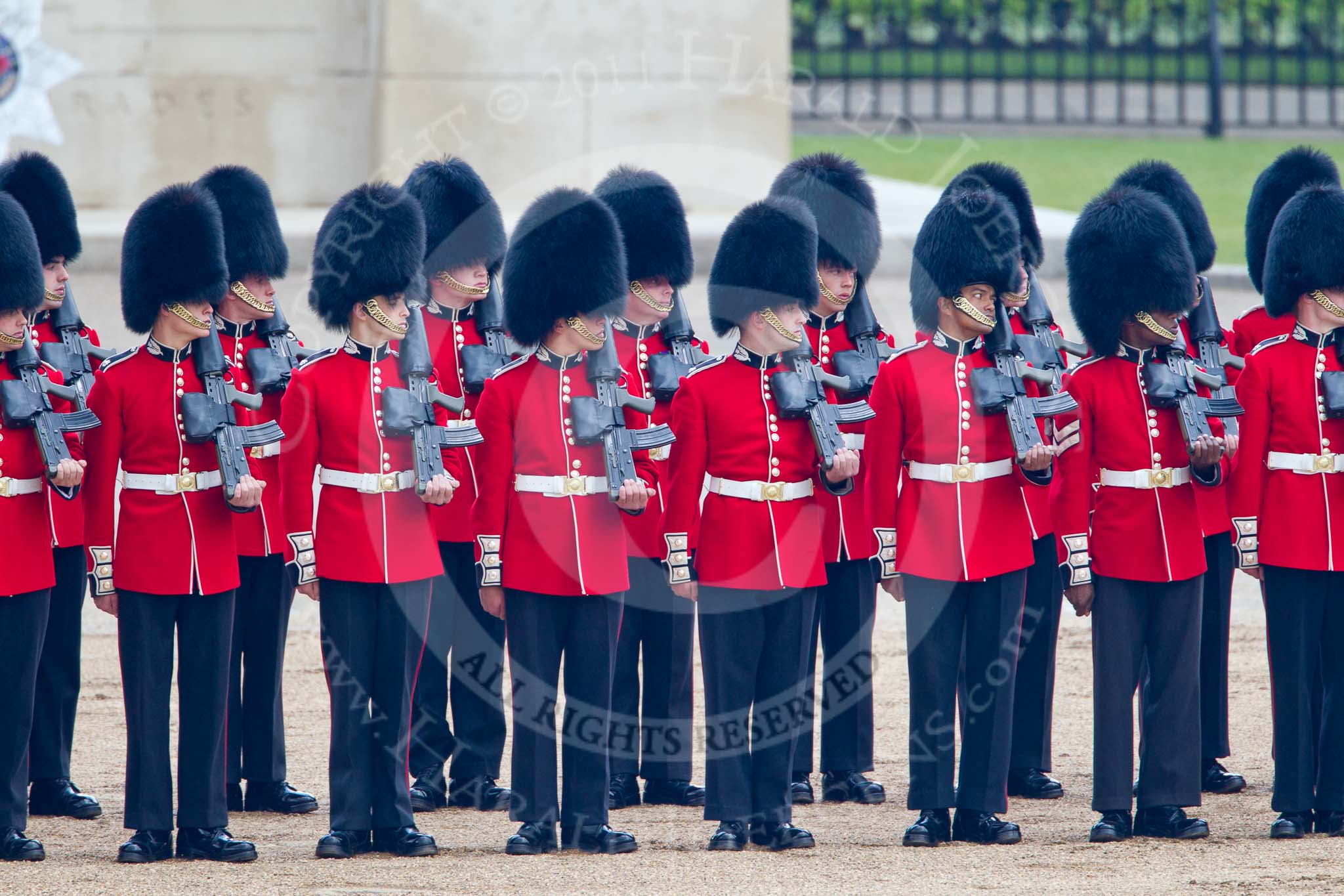 Trooping the Colour 2011: No 3 Guard, F Company Scots Guards, watching the arrival of the Royal Procession..
Horse Guards Parade, Westminster,
London SW1,
Greater London,
United Kingdom,
on 11 June 2011 at 10:51, image #94