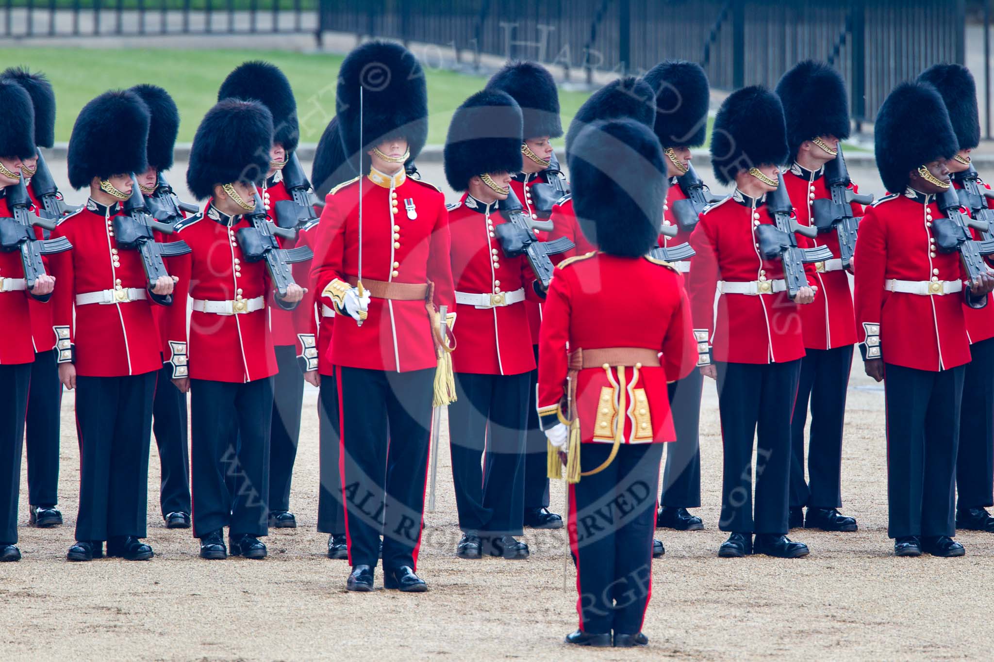 Trooping the Colour 2011: No 2 Guard, B Company Scots Guards, watching the arrival of the Royal Procession..
Horse Guards Parade, Westminster,
London SW1,
Greater London,
United Kingdom,
on 11 June 2011 at 10:51, image #95