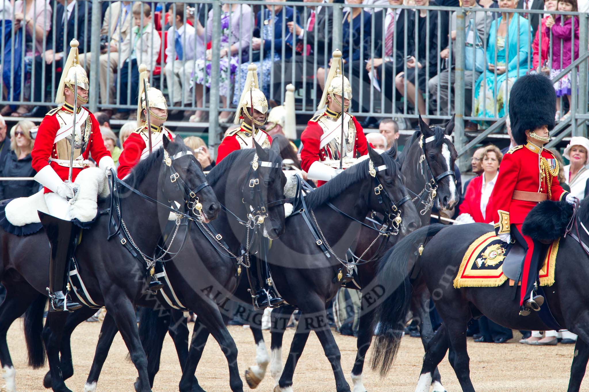 Trooping the Colour 2011: The Brigade Major Household Division, Lieutenant Colonel Andrew P Speed, Scots Guards, leading the way, followed by four Troopers of The Life Guards..
Horse Guards Parade, Westminster,
London SW1,
Greater London,
United Kingdom,
on 11 June 2011 at 10:56, image #103