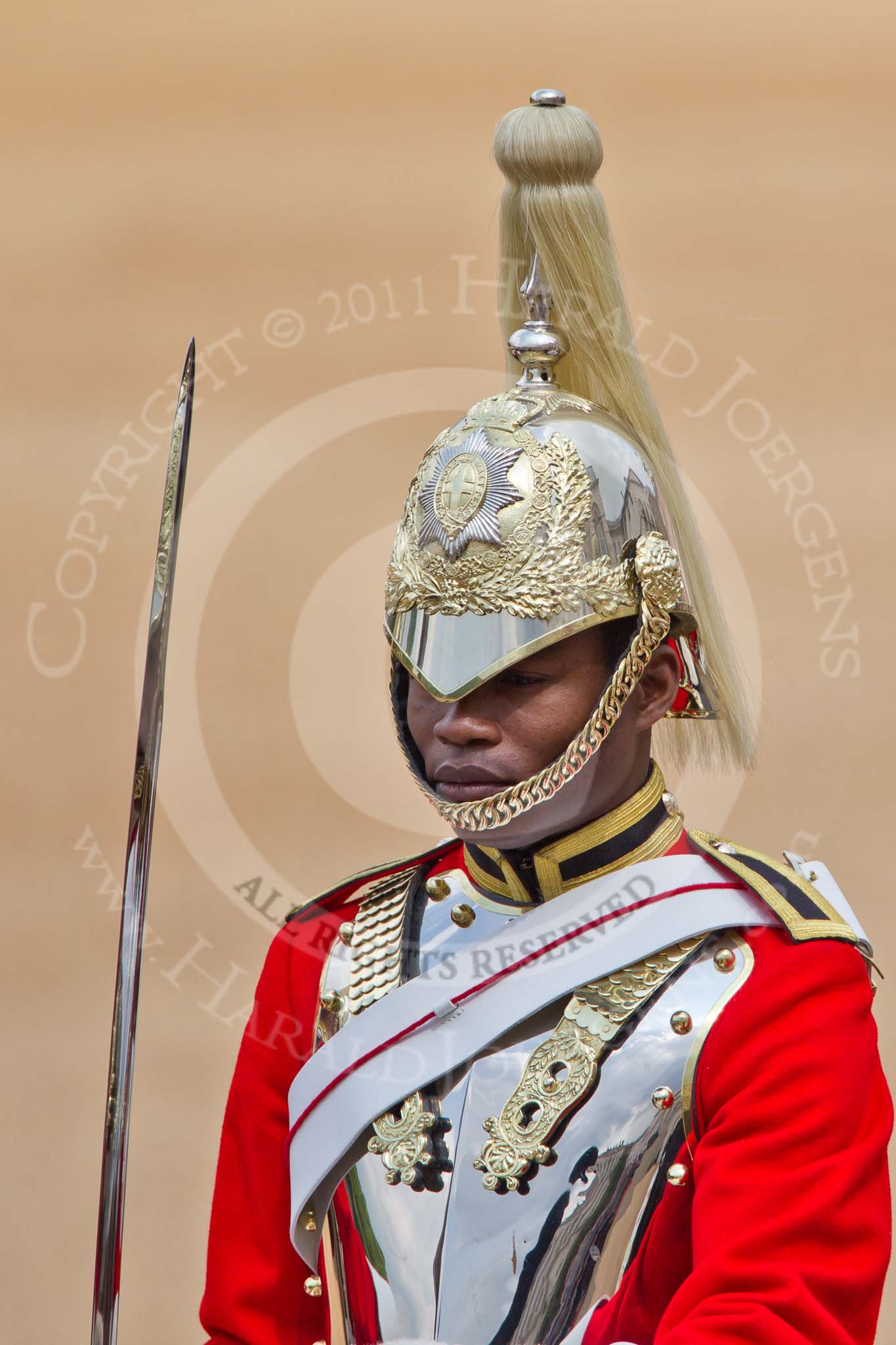 Trooping the Colour 2011: Close-up of one of the four Troopers of The Life Guards following the Brigade Major, leading the Royal Procession..
Horse Guards Parade, Westminster,
London SW1,
Greater London,
United Kingdom,
on 11 June 2011 at 10:57, image #107