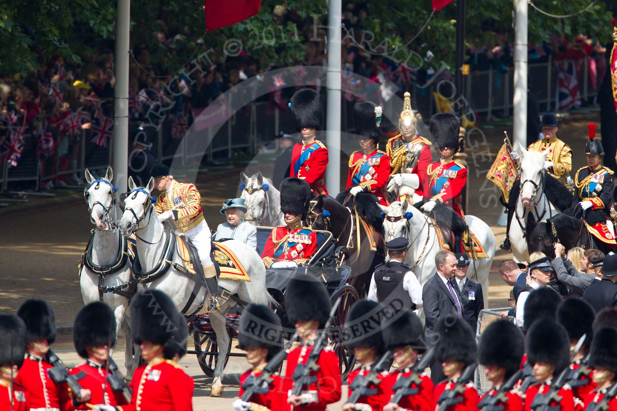 Trooping the Colour 2011: HM The Queen arriving at Horse Guards Parade for her Birthday Parade. Behind her the four Royal Colonels, from the left HRH Prince William, The Duke of Cambridge, HRH Prince Charles, The Prince of Wales, HRH Prince Edward, The Duke of Kent, and HRH Princess Anne, The Princess Royal..
Horse Guards Parade, Westminster,
London SW1,
Greater London,
United Kingdom,
on 11 June 2011 at 10:58, image #111