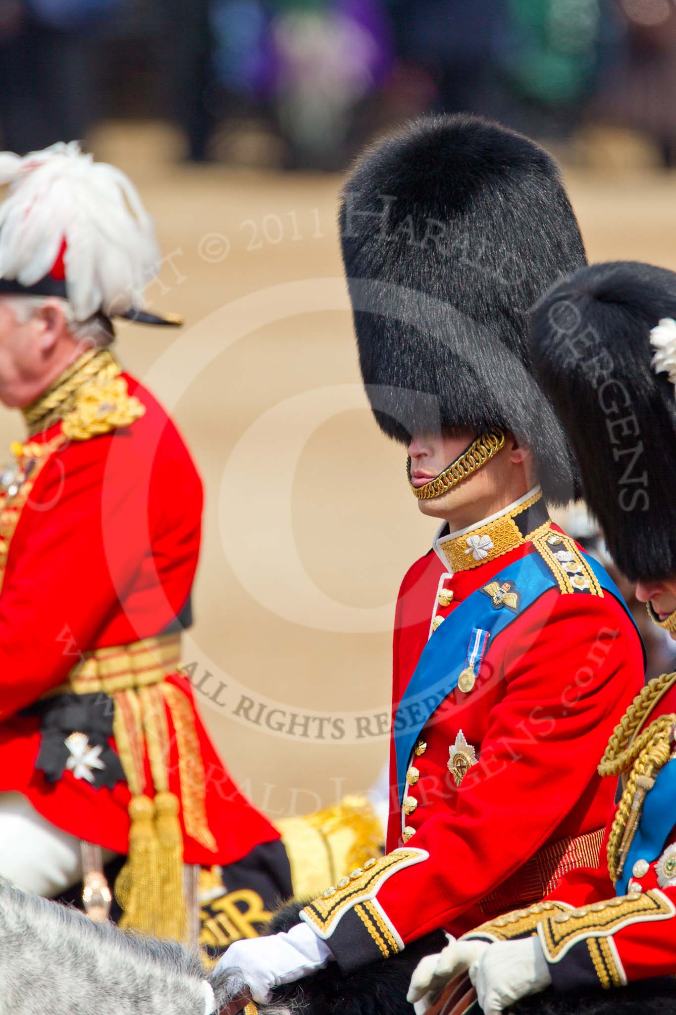 Trooping the Colour 2011: HRH Prince William, The Duke of Cambridge, Colonel Irish Guards, at his first 'Trooping the Colour' parade, and on the right his father, HRH Prince Charles, The Prince of Wales..
Horse Guards Parade, Westminster,
London SW1,
Greater London,
United Kingdom,
on 11 June 2011 at 11:01, image #141