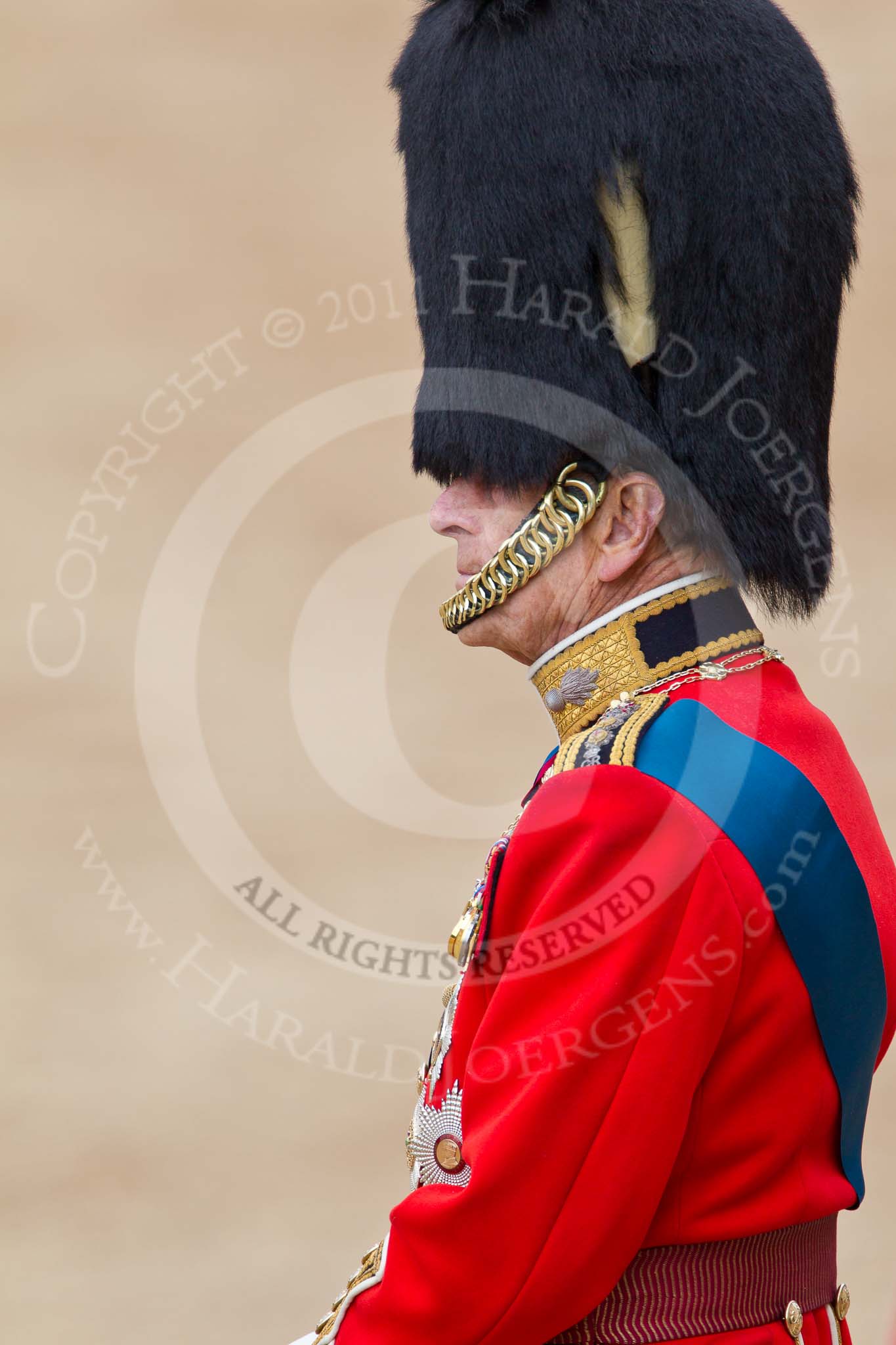 Trooping the Colour 2011: Close-up of HRH Prince Philip, The Duke of Edinburgh, standing on the saluting base during the Inspection of the Line..
Horse Guards Parade, Westminster,
London SW1,
Greater London,
United Kingdom,
on 11 June 2011 at 11:06, image #165