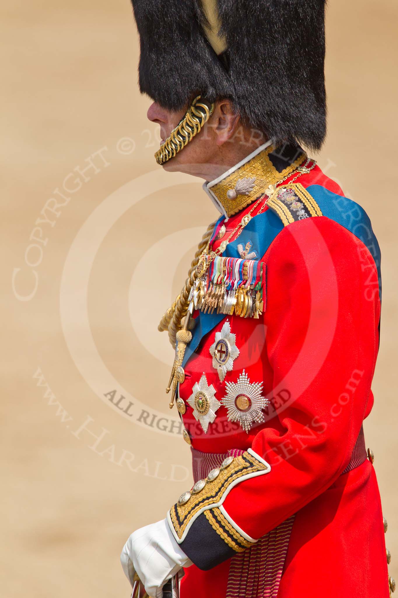 Trooping the Colour 2011: Close-up of HRH Prince Philip, The Duke of Edinburgh, standing on the saluting base during the Inspection of the Line..
Horse Guards Parade, Westminster,
London SW1,
Greater London,
United Kingdom,
on 11 June 2011 at 11:08, image #171