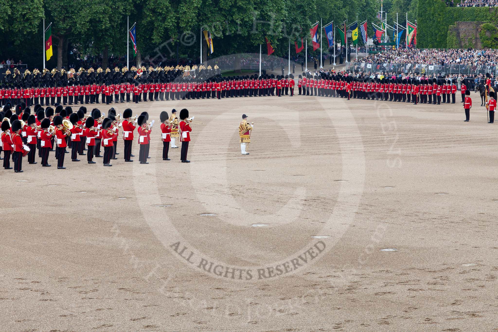 Trooping the Colour 2011: The Massed Bands playing, lead by the drum majors, during the Massed Bands Troop..
Horse Guards Parade, Westminster,
London SW1,
Greater London,
United Kingdom,
on 11 June 2011 at 11:14, image #192