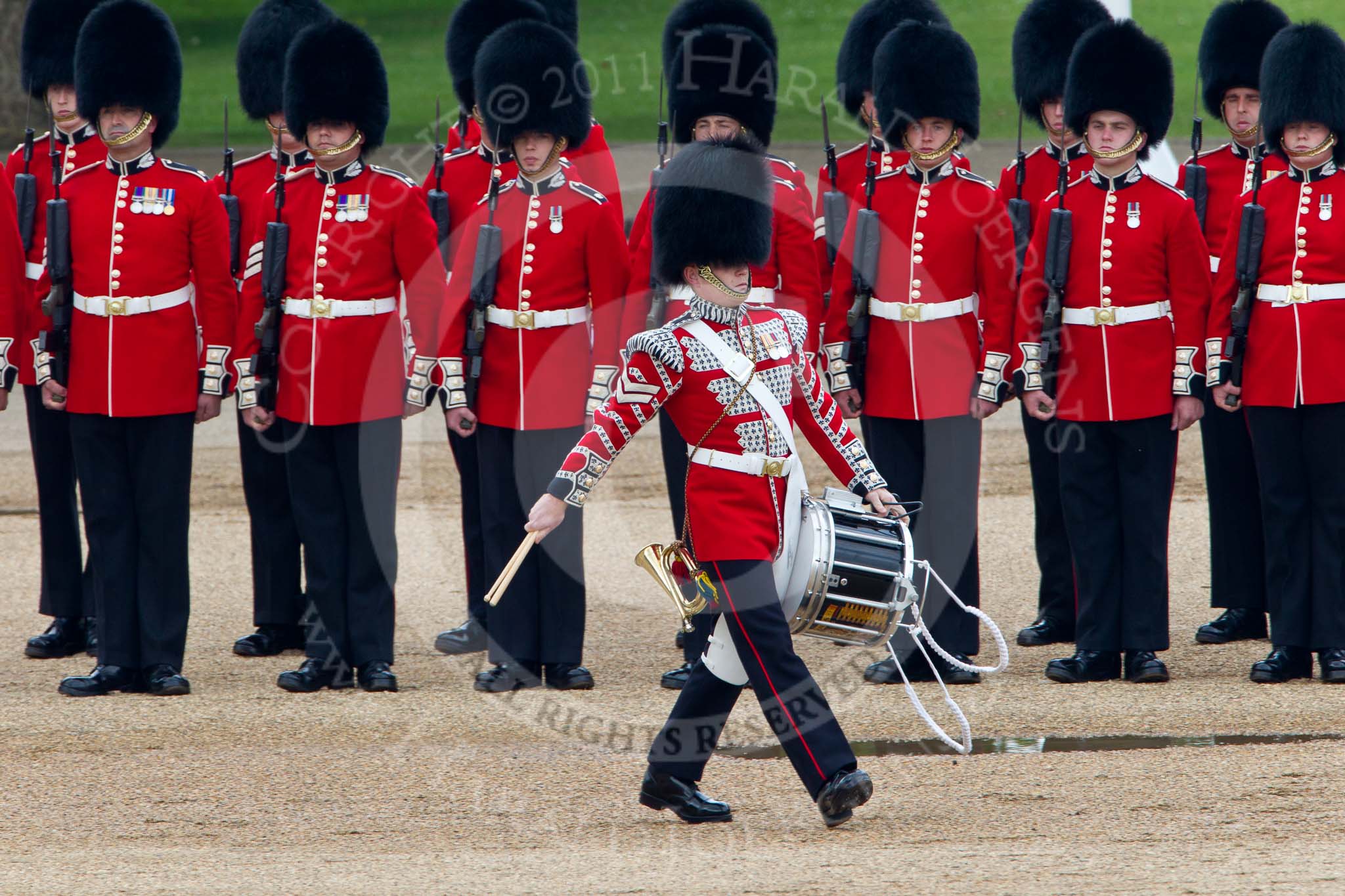 Trooping the Colour 2011: The Lone Drummer, Lance Corporal Gordon Prescott, has left the line, marching to a position at the right of the Escort to the Colour, where he will bear the 'drummers call', which will start the next phase of the parade..
Horse Guards Parade, Westminster,
London SW1,
Greater London,
United Kingdom,
on 11 June 2011 at 11:16, image #196