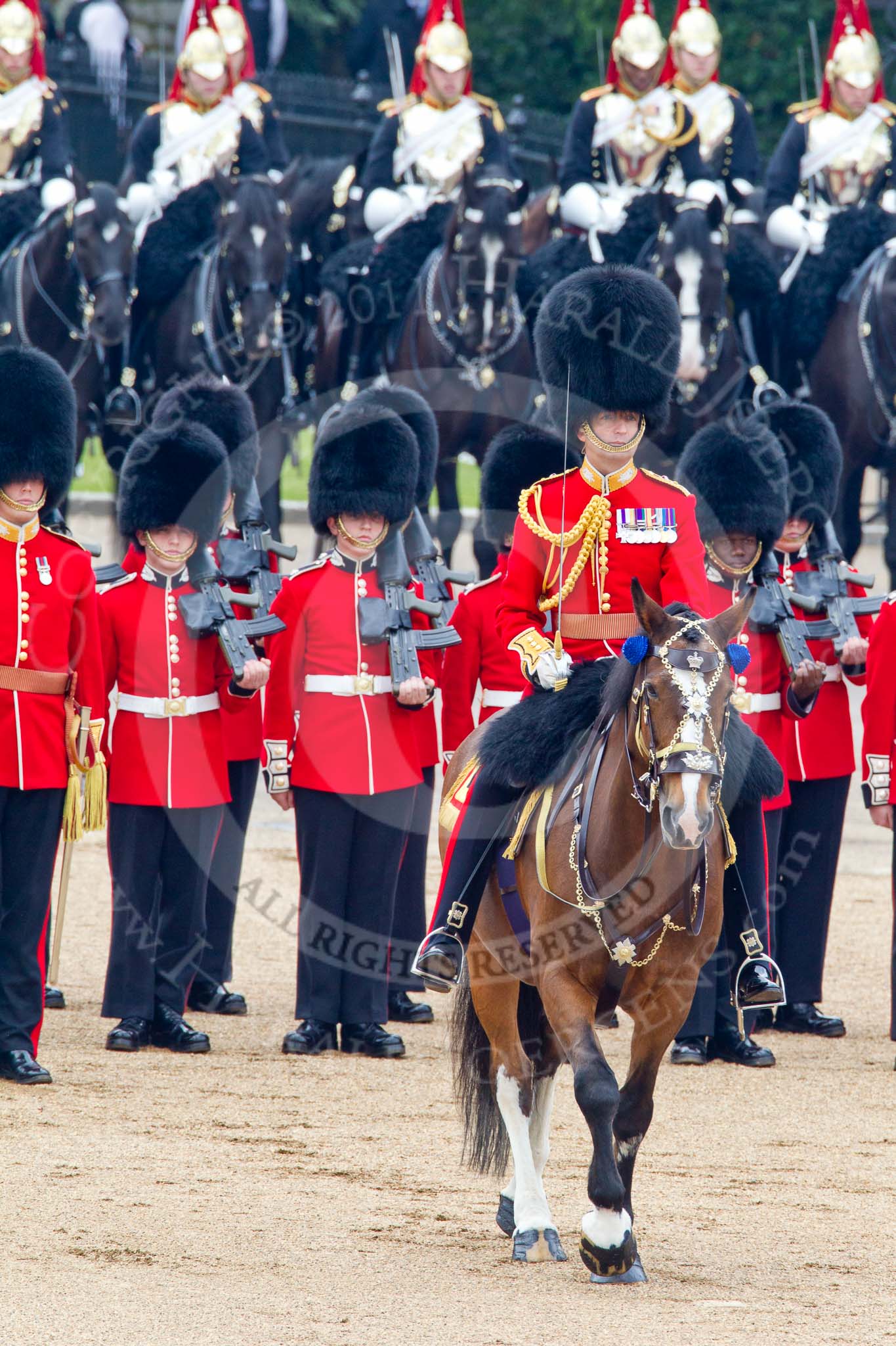 Trooping the Colour 2011: The Field Officer, Lieutenant Colonel Lincoln P M Jopp, behind him No. 2 Guard, B Company Scots Guards..
Horse Guards Parade, Westminster,
London SW1,
Greater London,
United Kingdom,
on 11 June 2011 at 11:20, image #201