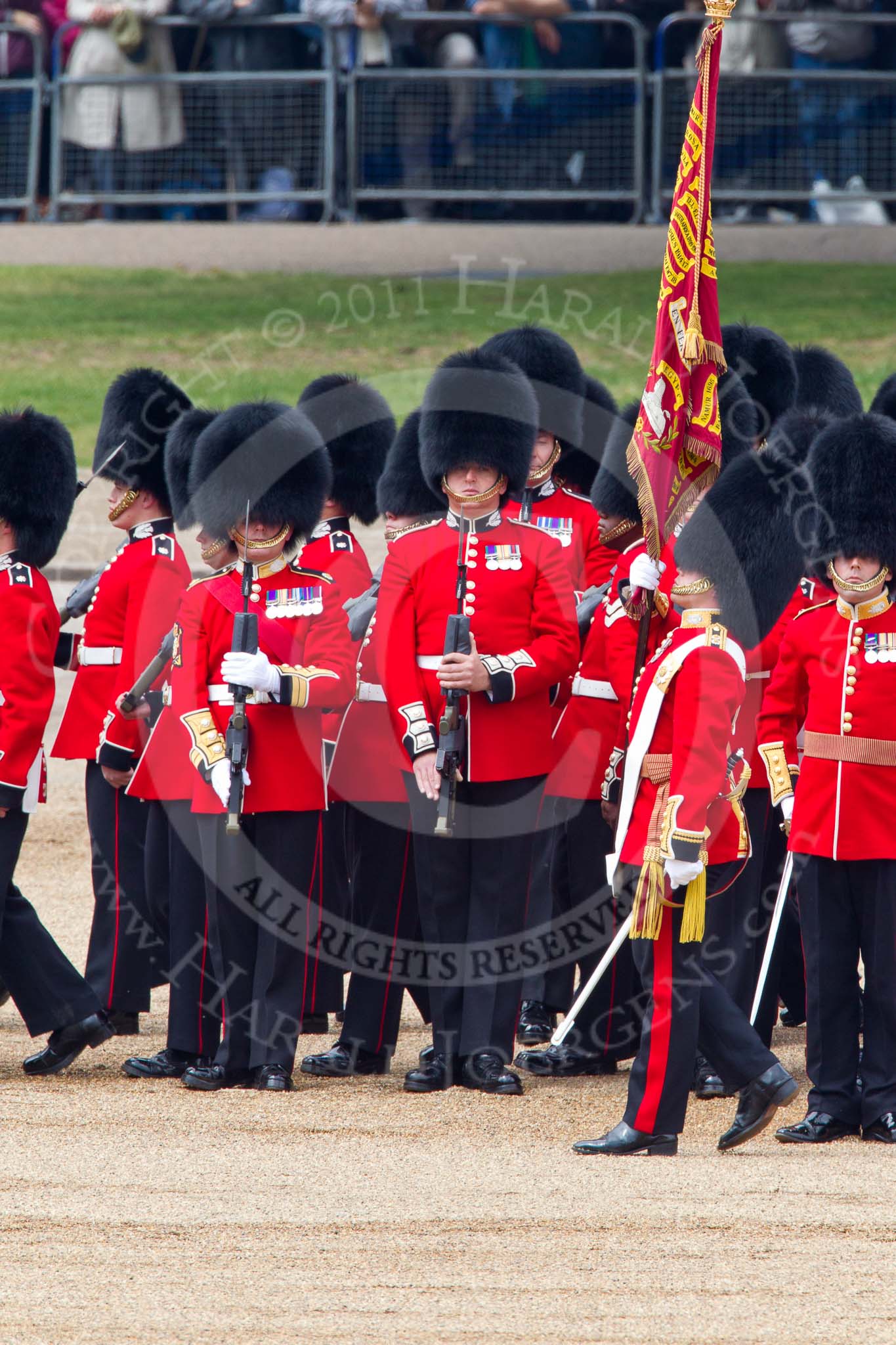 Trooping the Colour 2011: The Ensign for the Colour, Lt. Tom Ogilvy, Scots Guards, is carrying the Colour through the ranks of the assembled guardsmen..
Horse Guards Parade, Westminster,
London SW1,
Greater London,
United Kingdom,
on 11 June 2011 at 11:27, image #214