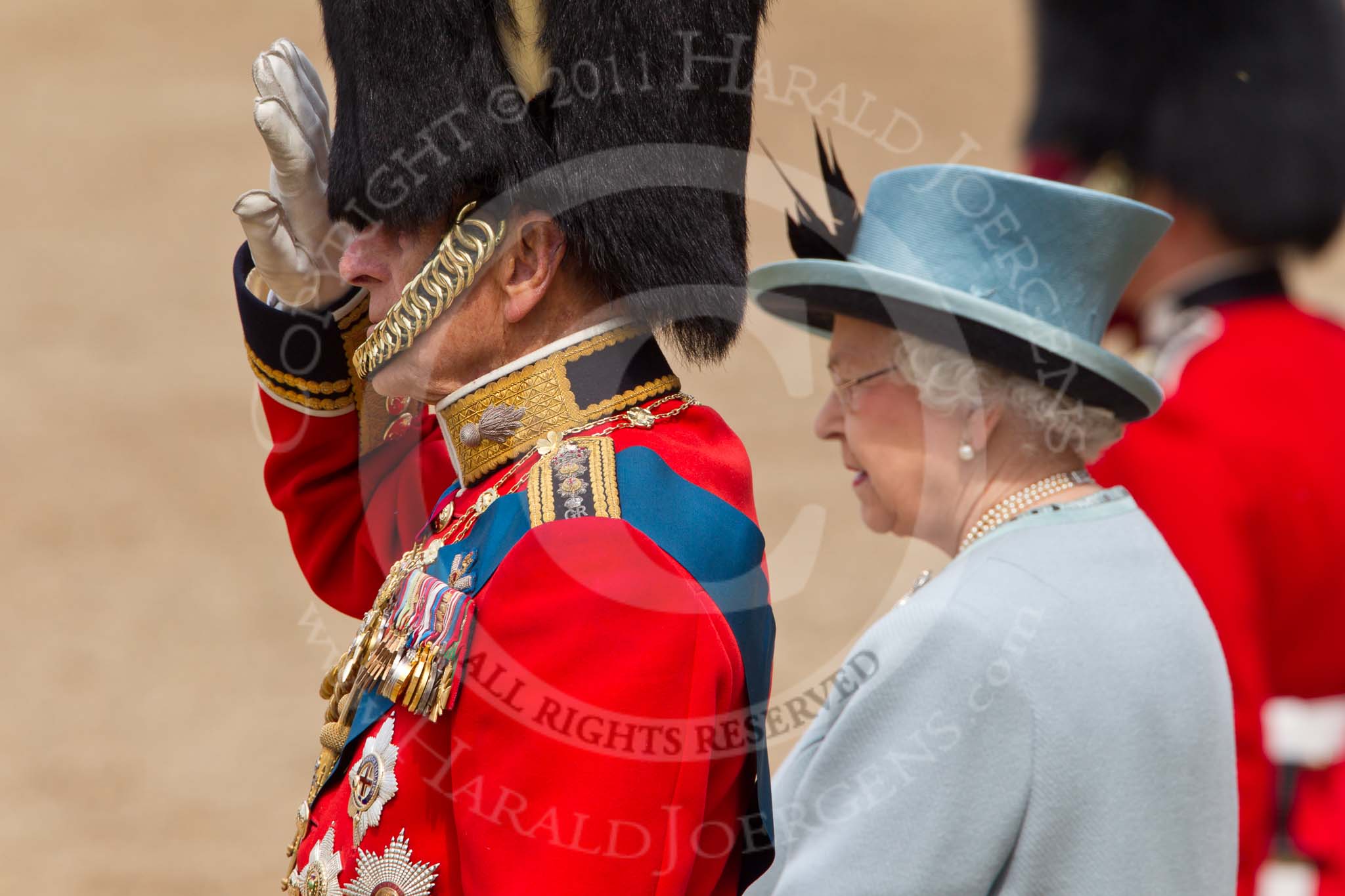 Trooping the Colour 2011: HRH Prince Philip, The Duke of Edinburg, with HM The Queen on the saluting stand, watching the parade..
Horse Guards Parade, Westminster,
London SW1,
Greater London,
United Kingdom,
on 11 June 2011 at 11:37, image #239