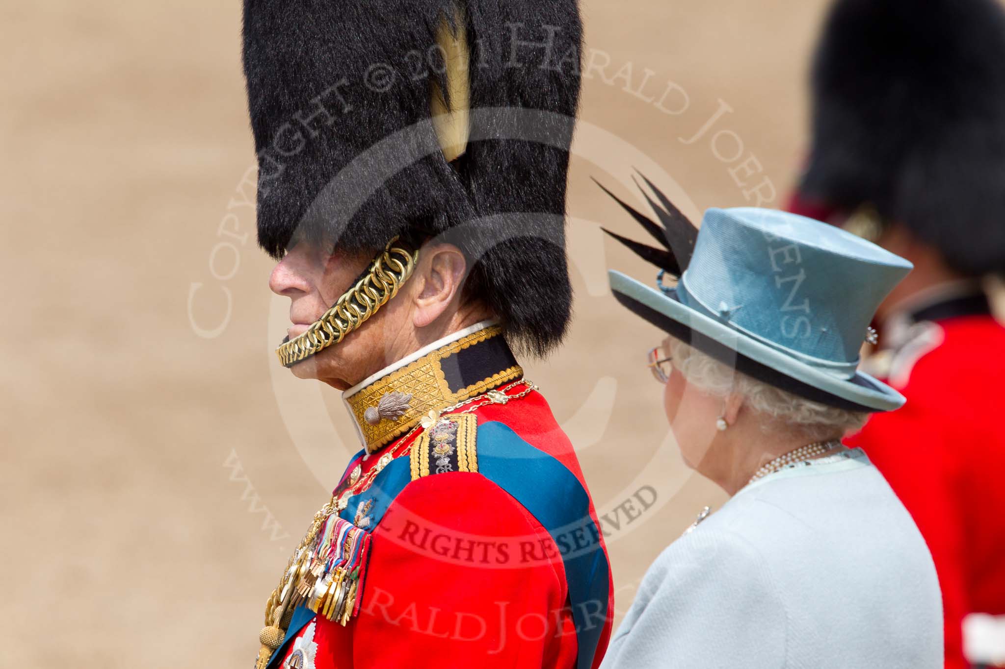 Trooping the Colour 2011: Close-up of HRH Prince Philip, The Duke of Edinburgh, and HM The Queen, during the March Past in slow time..
Horse Guards Parade, Westminster,
London SW1,
Greater London,
United Kingdom,
on 11 June 2011 at 11:37, image #242