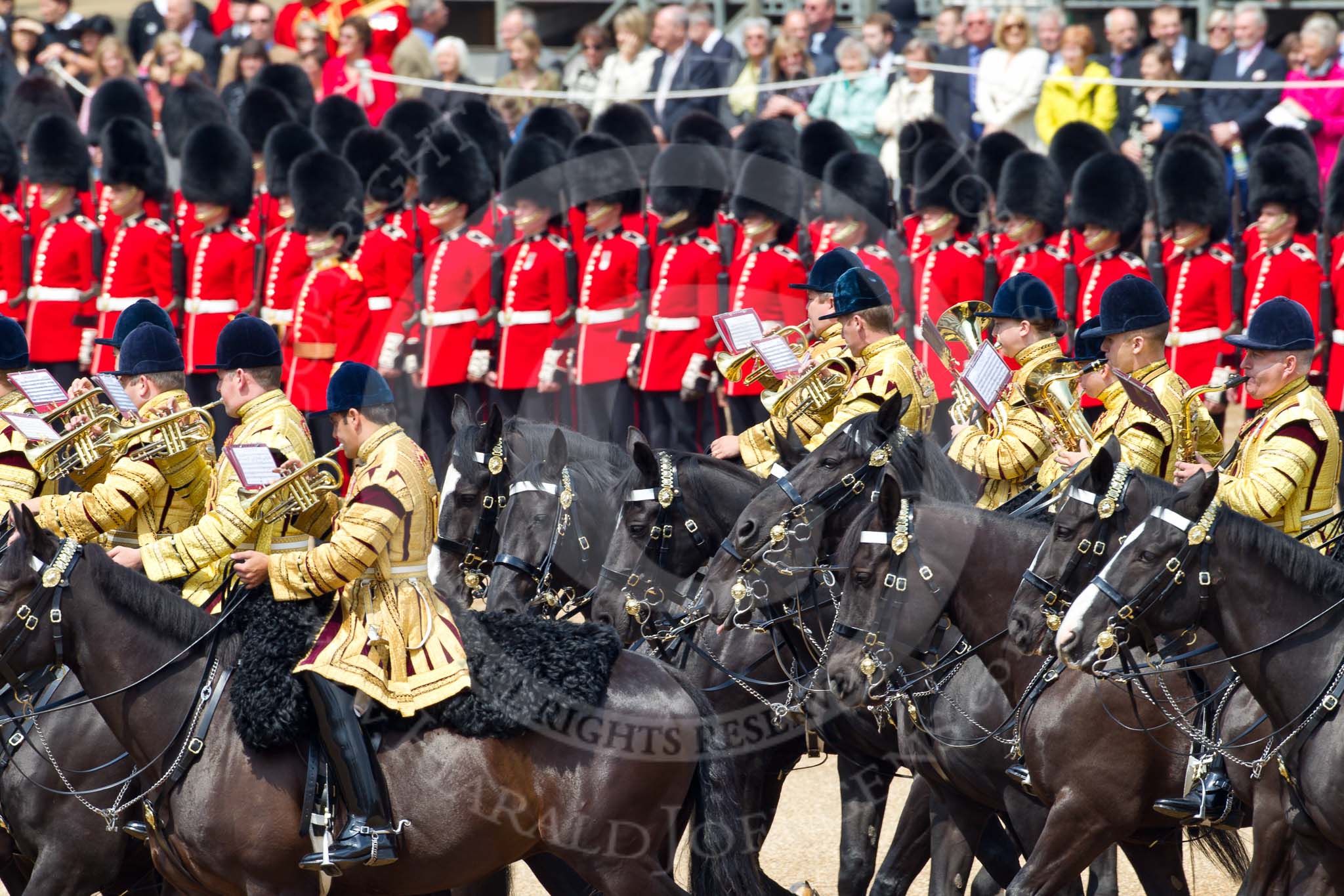 Trooping the Colour 2011: The Mounted Bands of the Household Cavalry playing during the Ride Past..
Horse Guards Parade, Westminster,
London SW1,
Greater London,
United Kingdom,
on 11 June 2011 at 11:54, image #323