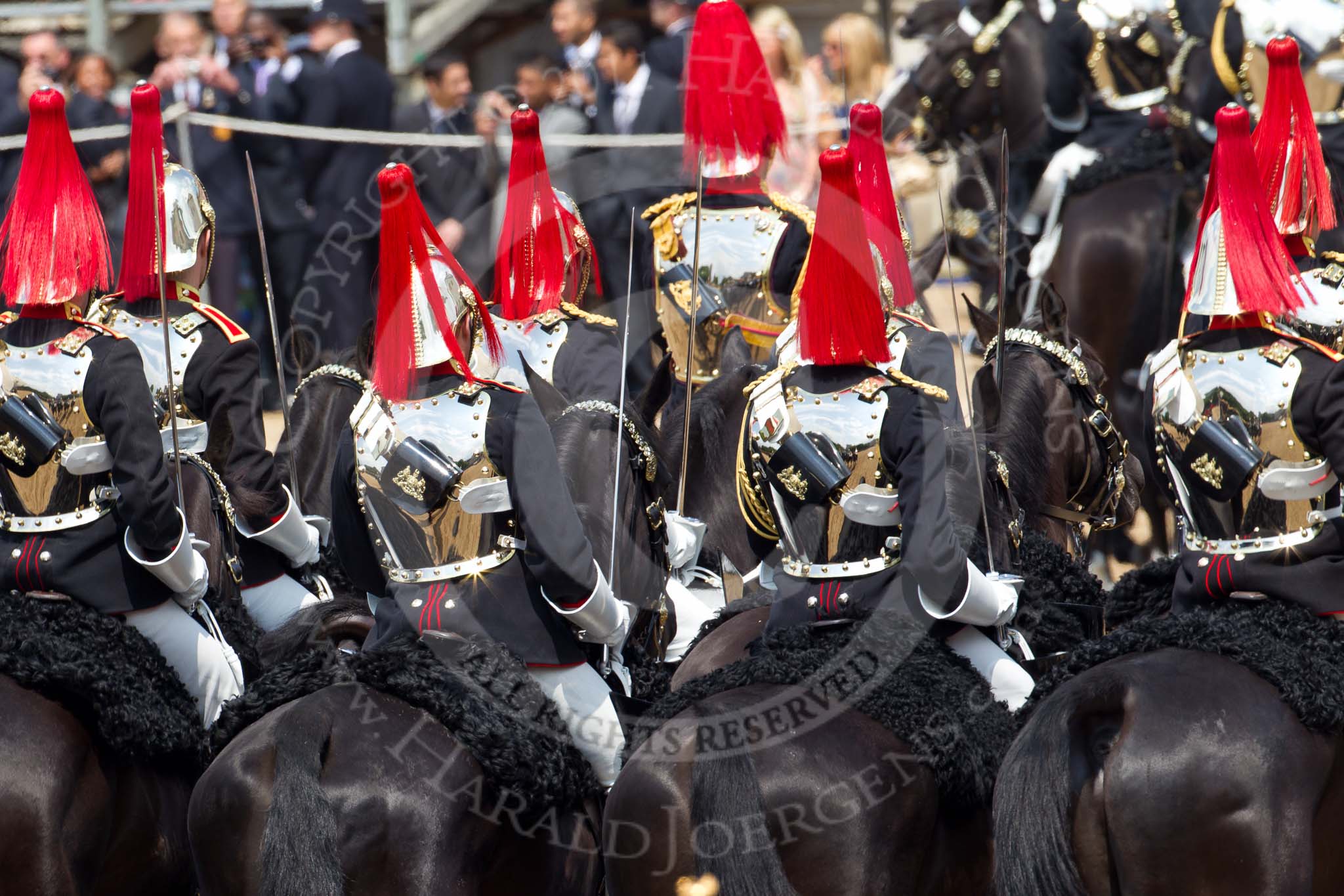 Trooping the Colour 2011: The Fourth Division of the Souvereign's Escort, The Blues and Royals (Royal Horse Guards and 1st Dragoons) leaving Horse Guards Parade at the end of the event..
Horse Guards Parade, Westminster,
London SW1,
Greater London,
United Kingdom,
on 11 June 2011 at 11:57, image #351