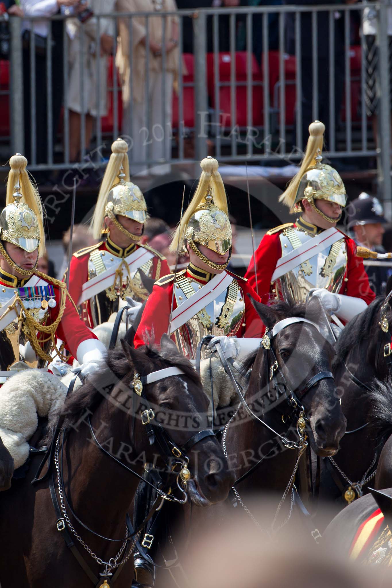 Trooping the Colour 2011: Household Cavalry, here The Life Guards, during the Ride Past..
Horse Guards Parade, Westminster,
London SW1,
Greater London,
United Kingdom,
on 11 June 2011 at 11:58, image #364