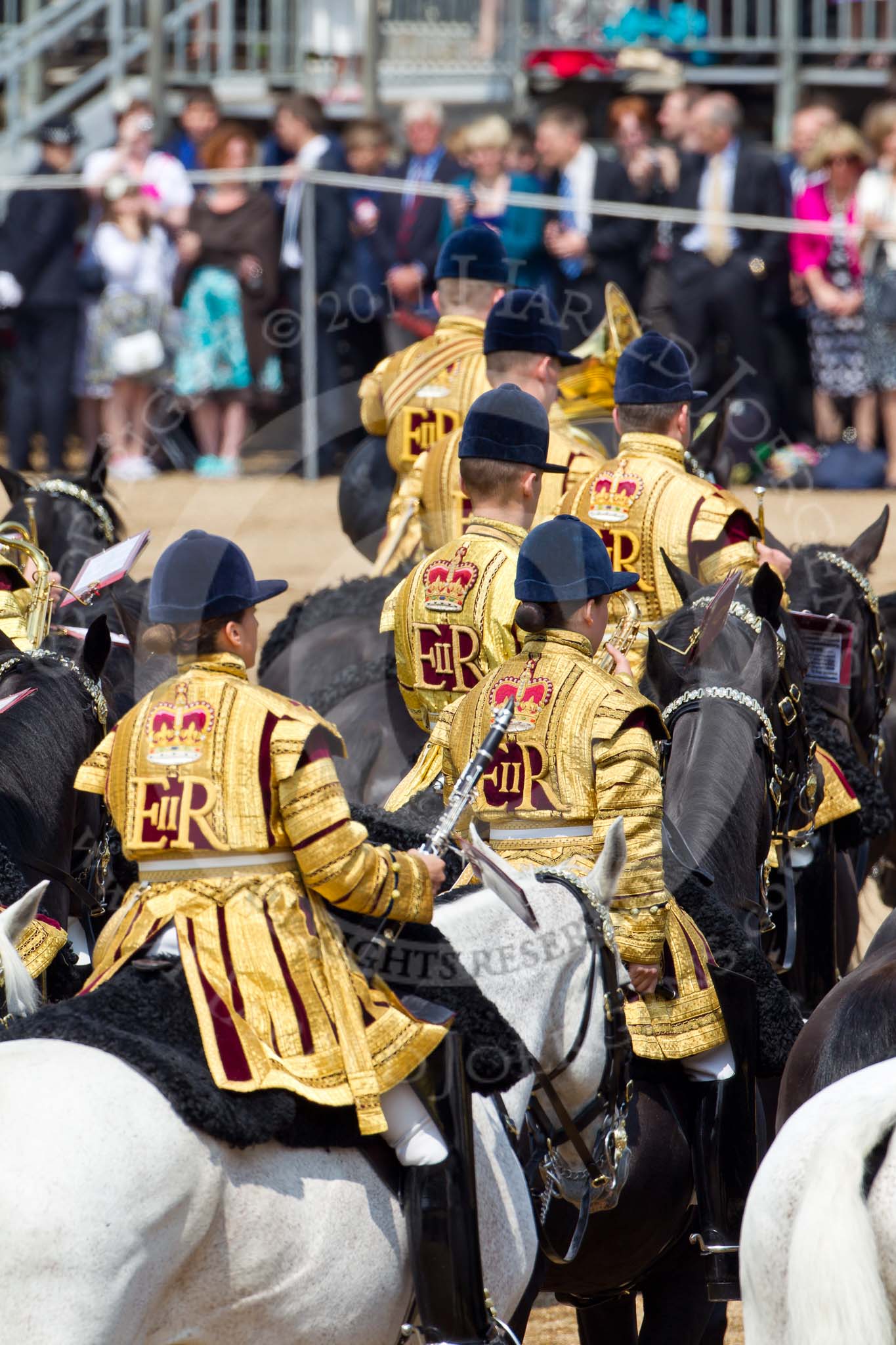 Trooping the Colour 2011: The Mounted Bands of the Household Cavalry during the March Past..
Horse Guards Parade, Westminster,
London SW1,
Greater London,
United Kingdom,
on 11 June 2011 at 12:00, image #373