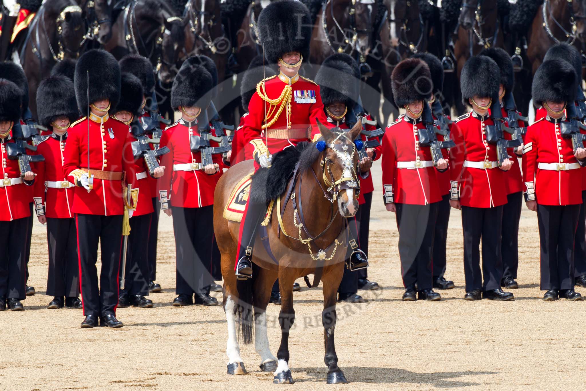 Trooping the Colour 2011: The Field Officer, Lieutenant Colonel Lincoln P M Jopp, in front of No. 2 Guard, B Company Scots Guards..
Horse Guards Parade, Westminster,
London SW1,
Greater London,
United Kingdom,
on 11 June 2011 at 12:01, image #378