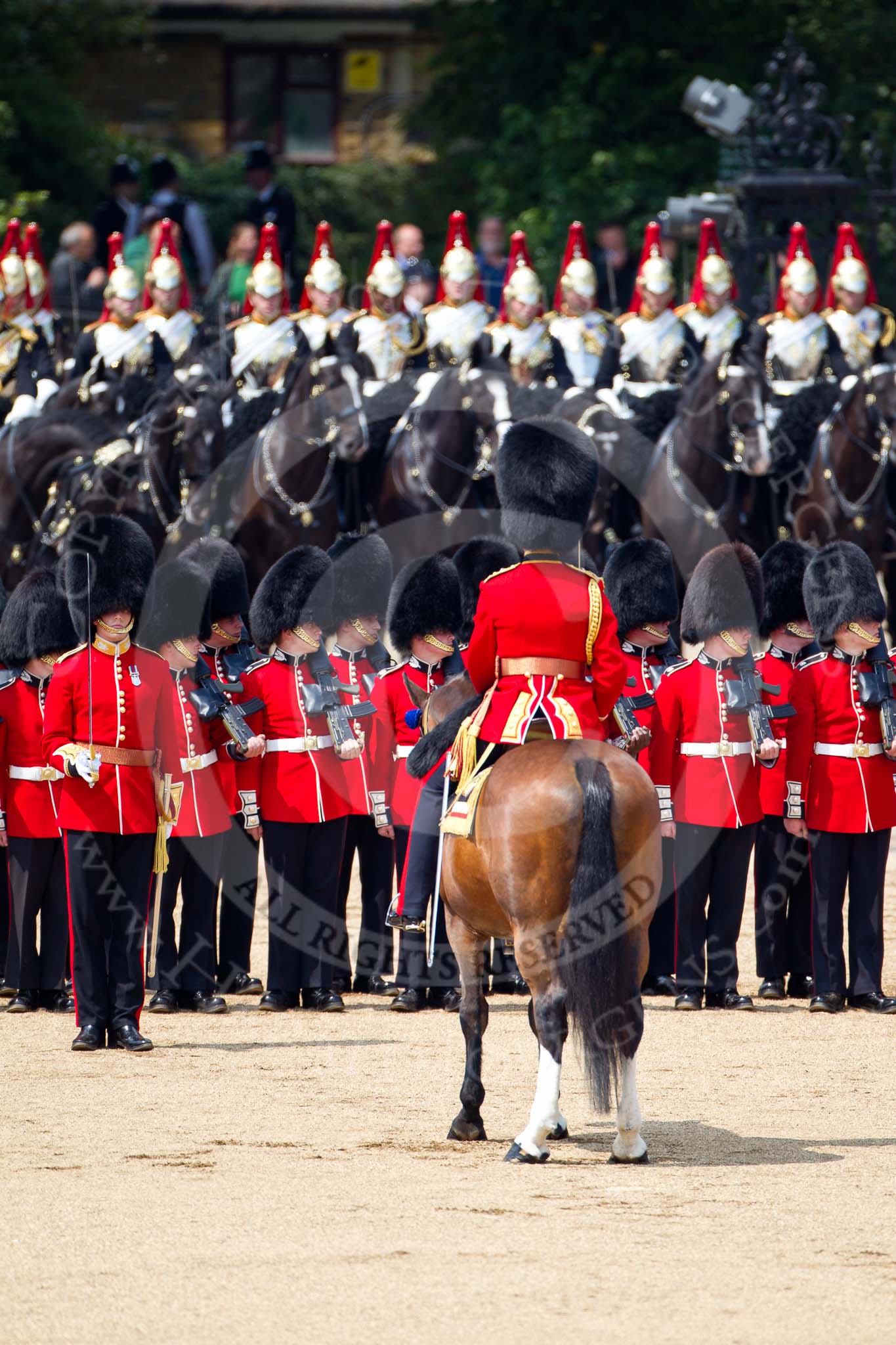 Trooping the Colour 2011: The parade is coming close to the end. The Field Officer, Lincoln Jopp, has asked HM The Queen for permission to march off, he is now addressing the guards..
Horse Guards Parade, Westminster,
London SW1,
Greater London,
United Kingdom,
on 11 June 2011 at 12:03, image #382