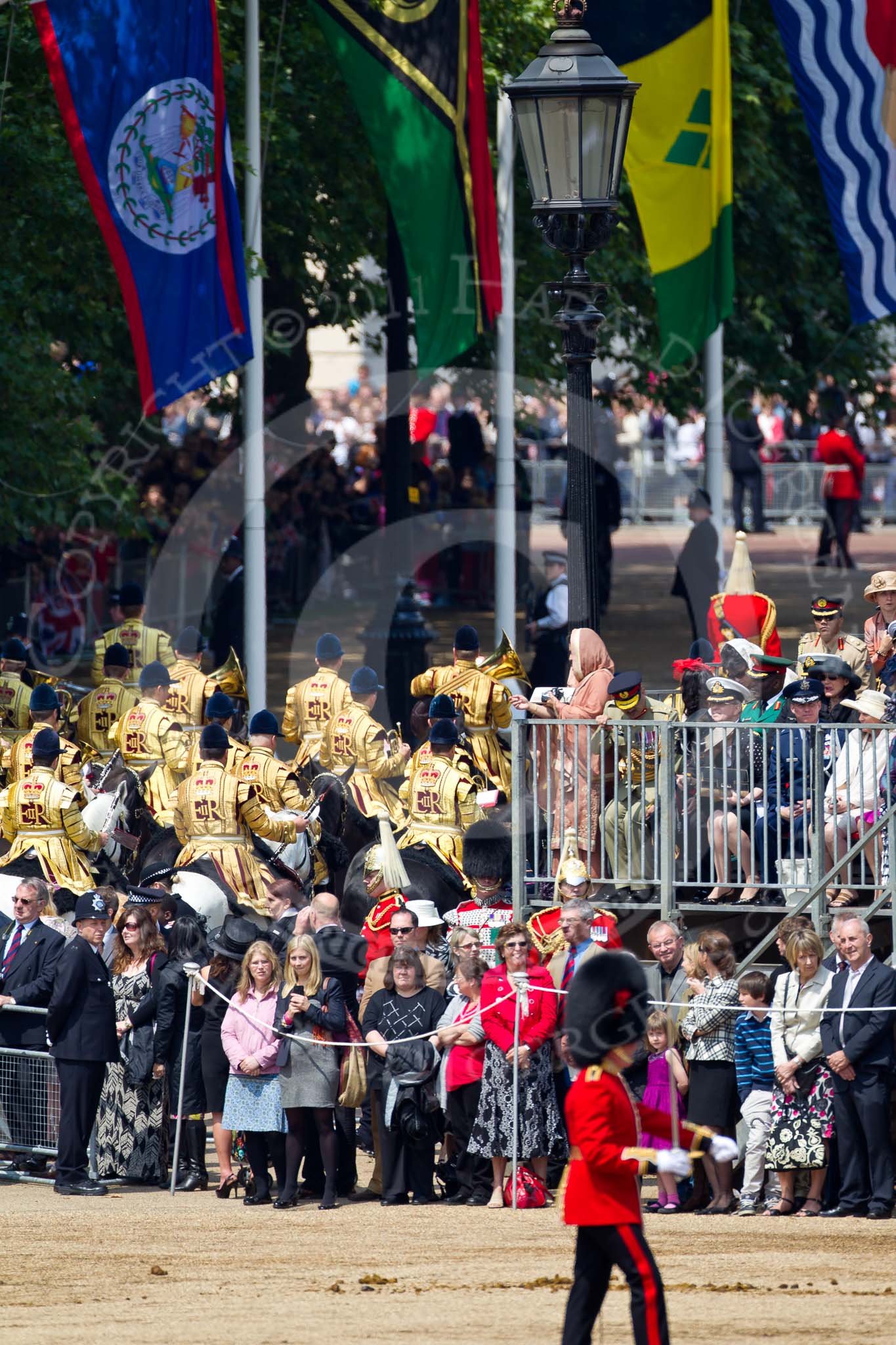 Trooping the Colour 2011: March Off. The Mounted Bands of the Household Cavalry  leaving Horse Guards Parade..
Horse Guards Parade, Westminster,
London SW1,
Greater London,
United Kingdom,
on 11 June 2011 at 12:04, image #385