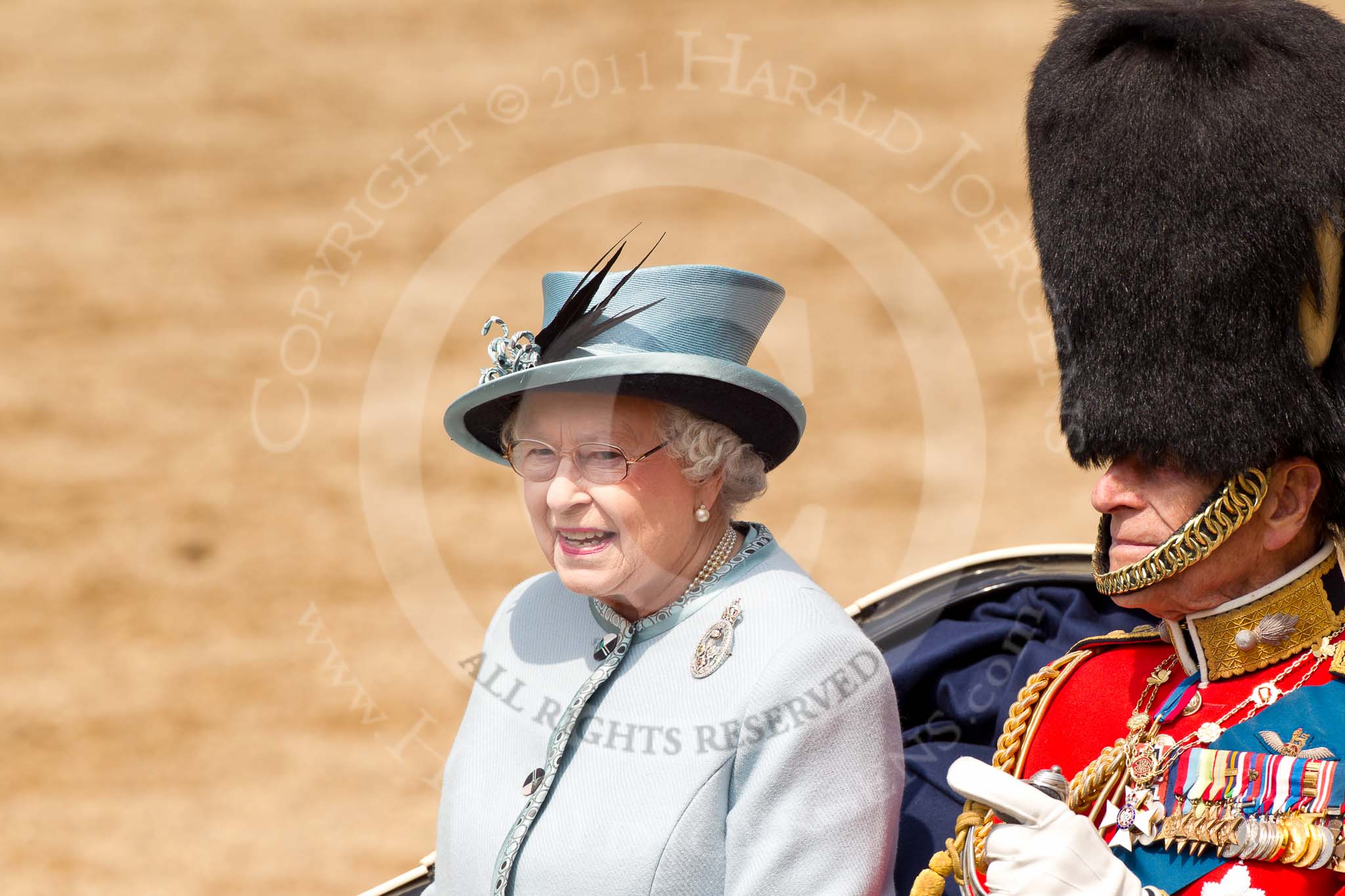 Trooping the Colour 2011: Close-up of HM The Queen and HRH Prince Philip, The Duke of Edinburg, HM The Queen back in the ivory mounted phaeton..
Horse Guards Parade, Westminster,
London SW1,
Greater London,
United Kingdom,
on 11 June 2011 at 12:09, image #409