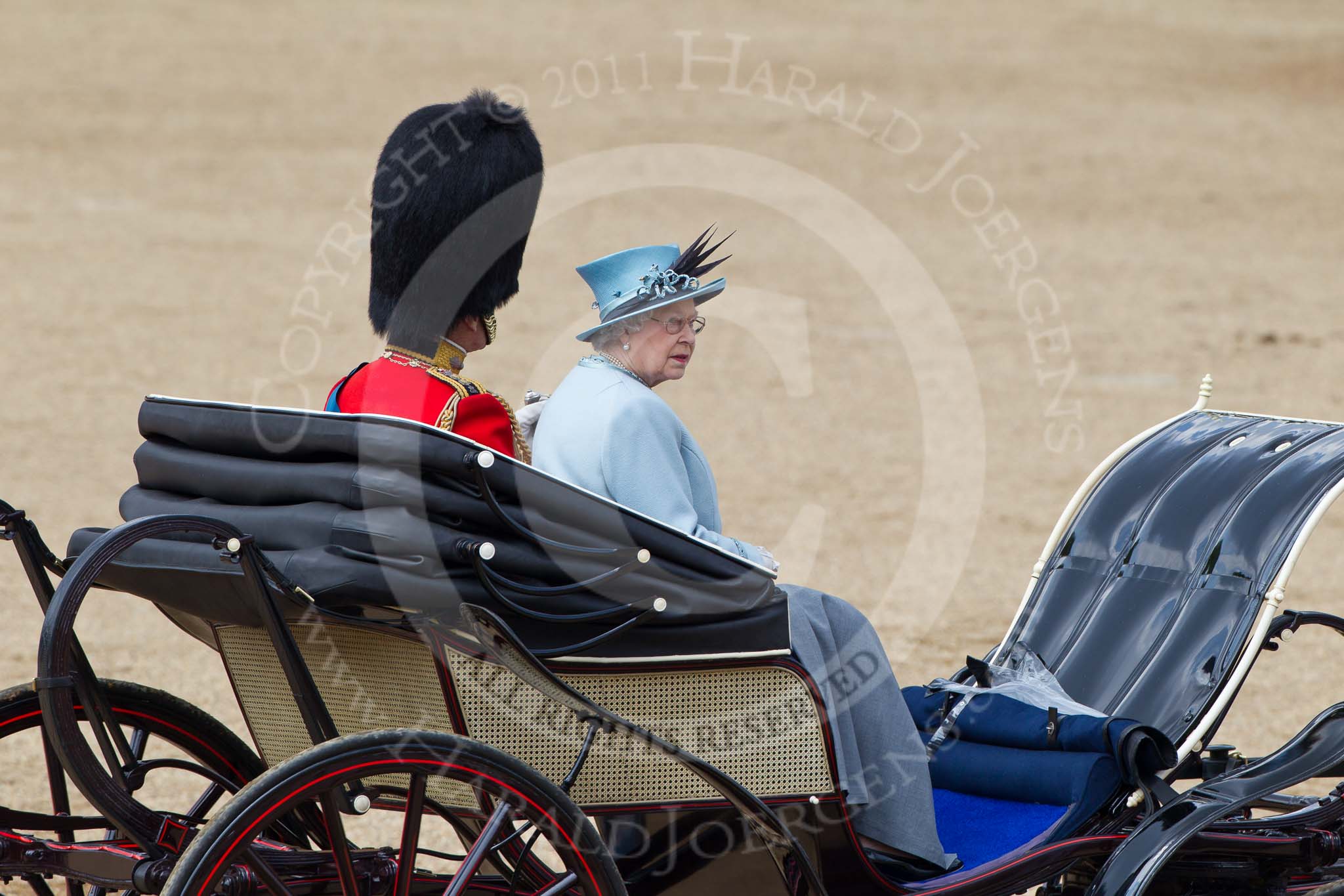 Trooping the Colour 2011: HM The Queen and HRH Prince Philip, The Duke of Edinburgh, in the ivory mounted phaeton, leaving the parade ground..
Horse Guards Parade, Westminster,
London SW1,
Greater London,
United Kingdom,
on 11 June 2011 at 12:10, image #414