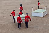 Trooping the Colour 2011: The saluting base for HM The Queen and HRH The Prince Philip is assembled by guardsmen of the Welsh Guards, as always supervised by GSM 'Billy' Mott (with the pace stick)..
Horse Guards Parade, Westminster,
London SW1,
Greater London,
United Kingdom,
on 11 June 2011 at 10:52, image #96