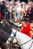 Trooping the Colour 2011: Crown Equerry in Waiting to Her Majesty, 
Lieutenant Colonel A C Ford, behind him, only the hats visible, the two Grooms of the Royal Household, behind them,and out of focus, Lord Guthrie..
Horse Guards Parade, Westminster,
London SW1,
Greater London,
United Kingdom,
on 11 June 2011 at 11:01, image #140