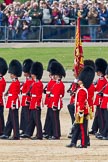 Trooping the Colour 2011: The Ensign for the Colour, Lt. Tom Ogilvy, Scots Guards, is carrying the Colour through the ranks of the assembled guardsmen..
Horse Guards Parade, Westminster,
London SW1,
Greater London,
United Kingdom,
on 11 June 2011 at 11:27, image #215