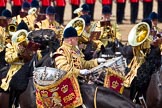 Trooping the Colour 2011: One of the two kettle drummers leading the Mounted Bands of the Household Cavalry during the Ride Past..
Horse Guards Parade, Westminster,
London SW1,
Greater London,
United Kingdom,
on 11 June 2011 at 11:55, image #334