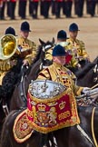 Trooping the Colour 2011: One of the two kettle drummers of the Band of The Life Guards during the Ride Past..
Horse Guards Parade, Westminster,
London SW1,
Greater London,
United Kingdom,
on 11 June 2011 at 12:00, image #369