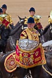 Trooping the Colour 2011: One of the two kettle drummers of the Band of The Life Guards during the Ride Past..
Horse Guards Parade, Westminster,
London SW1,
Greater London,
United Kingdom,
on 11 June 2011 at 12:00, image #370