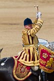 Trooping the Colour 2011: One of the two kettle drummers of the band of the Life Guards, saluting to HM The Queen by crossing his drumsticks..
Horse Guards Parade, Westminster,
London SW1,
Greater London,
United Kingdom,
on 11 June 2011 at 12:00, image #371