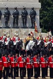 Trooping the Colour 2011: The Household Cavalry in front of the Guards Memorial. On the left, The Life Guards, with the white plumes, in the middle the Trumpeter, Standard Bearer, and Standard Coverer. In front of them No. 2 Guard, B Company Scots Guards..
Horse Guards Parade, Westminster,
London SW1,
Greater London,
United Kingdom,
on 11 June 2011 at 12:01, image #375