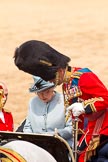 Trooping the Colour 2011: HM The Queen back in the ivory mounted phaeton, with HRH Prince Philip, The Duke of Edinburgh, just getting into the carriage..
Horse Guards Parade, Westminster,
London SW1,
Greater London,
United Kingdom,
on 11 June 2011 at 12:09, image #405