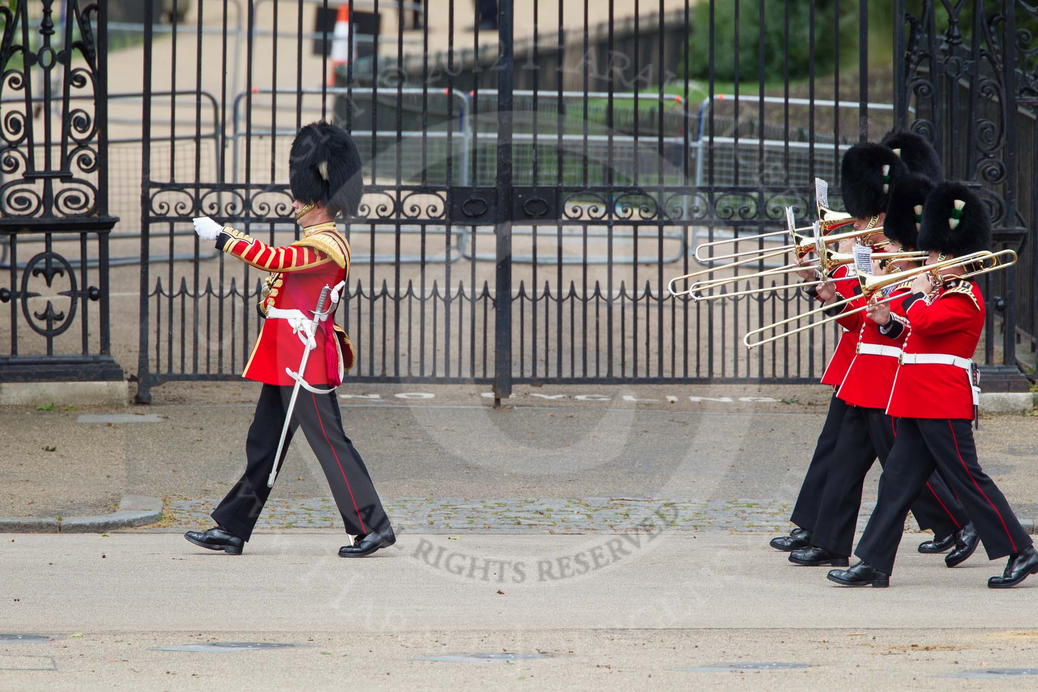 The Colonel's Review 2012: The Band of the Welsh Guards marching along the St James's Park side of Horse Guards Parade, led by Senior Drum Major M Betts, Grenadier Guards..
Horse Guards Parade, Westminster,
London SW1,

United Kingdom,
on 09 June 2012 at 10:11, image #17
